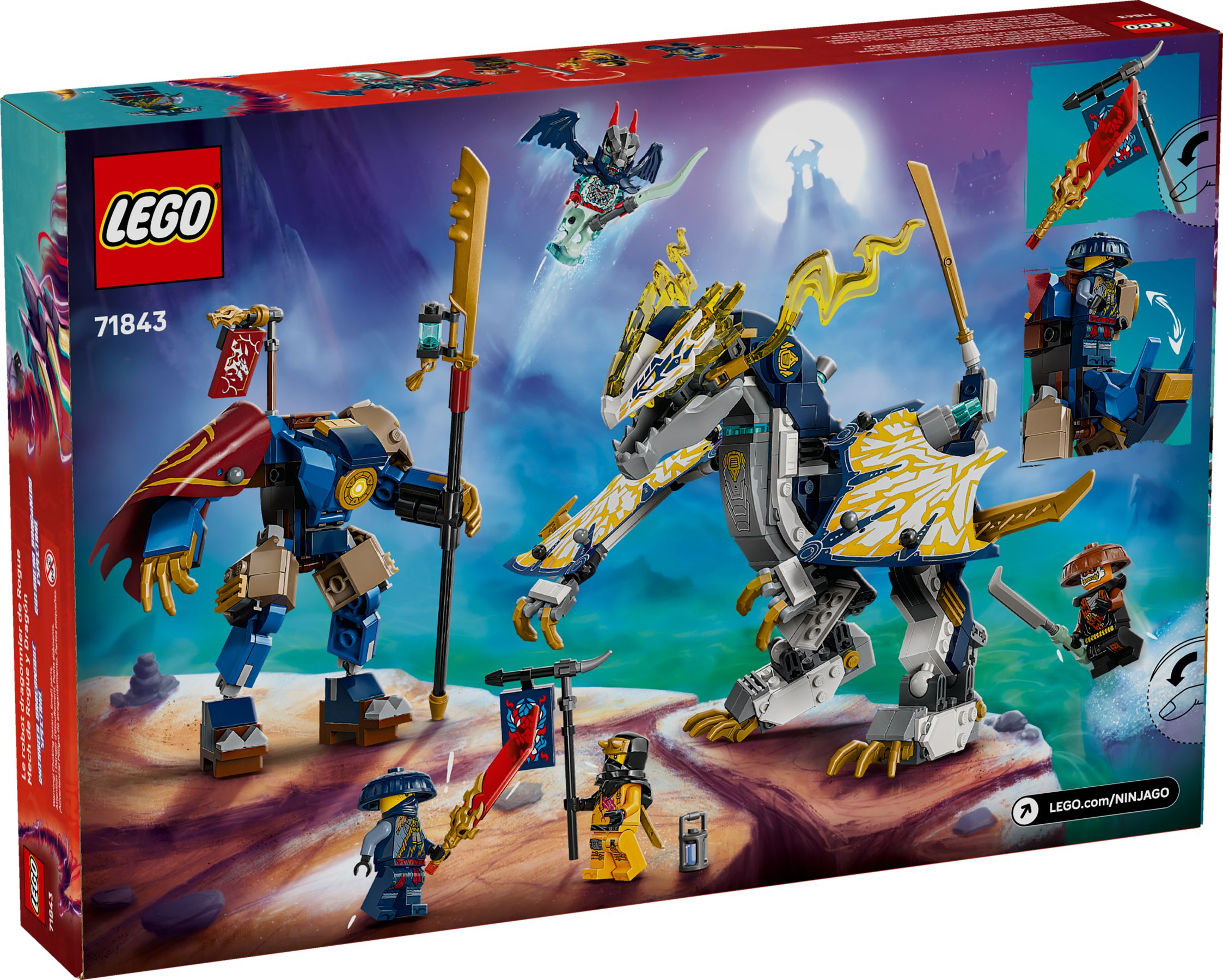 Scatola Lego Ninjago con un mech blu, un drago blu e quattro minifigure.