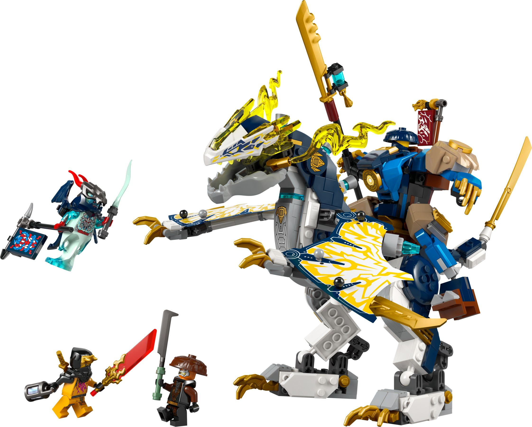 Set Lego Ninjago con un drago blu e bianco e quattro minifigure con armi.
