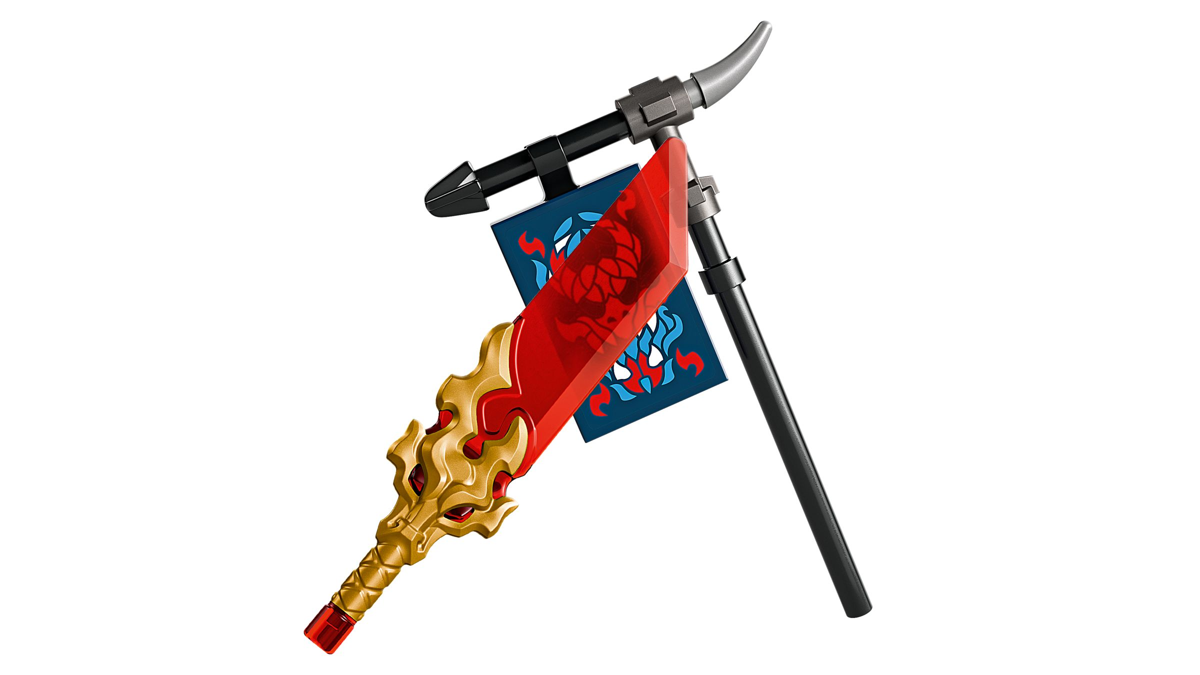 Una spada LEGO rossa e oro davanti a una bandiera blu con drago rosso e supporto nero.