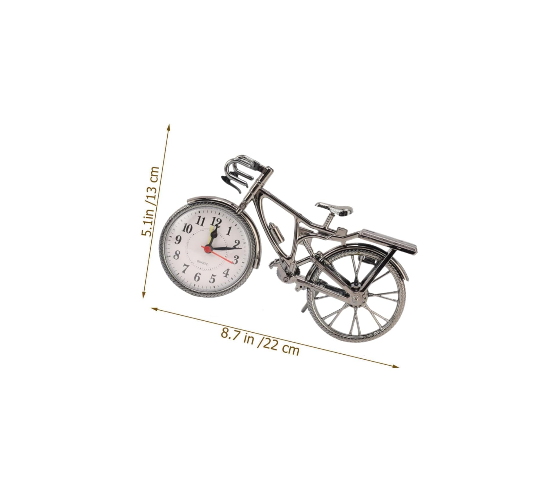 Silberfarbenes Fahrradmodell mit integrierter Uhr im Vorderrad und Maßangaben in Zoll und Zentimetern.