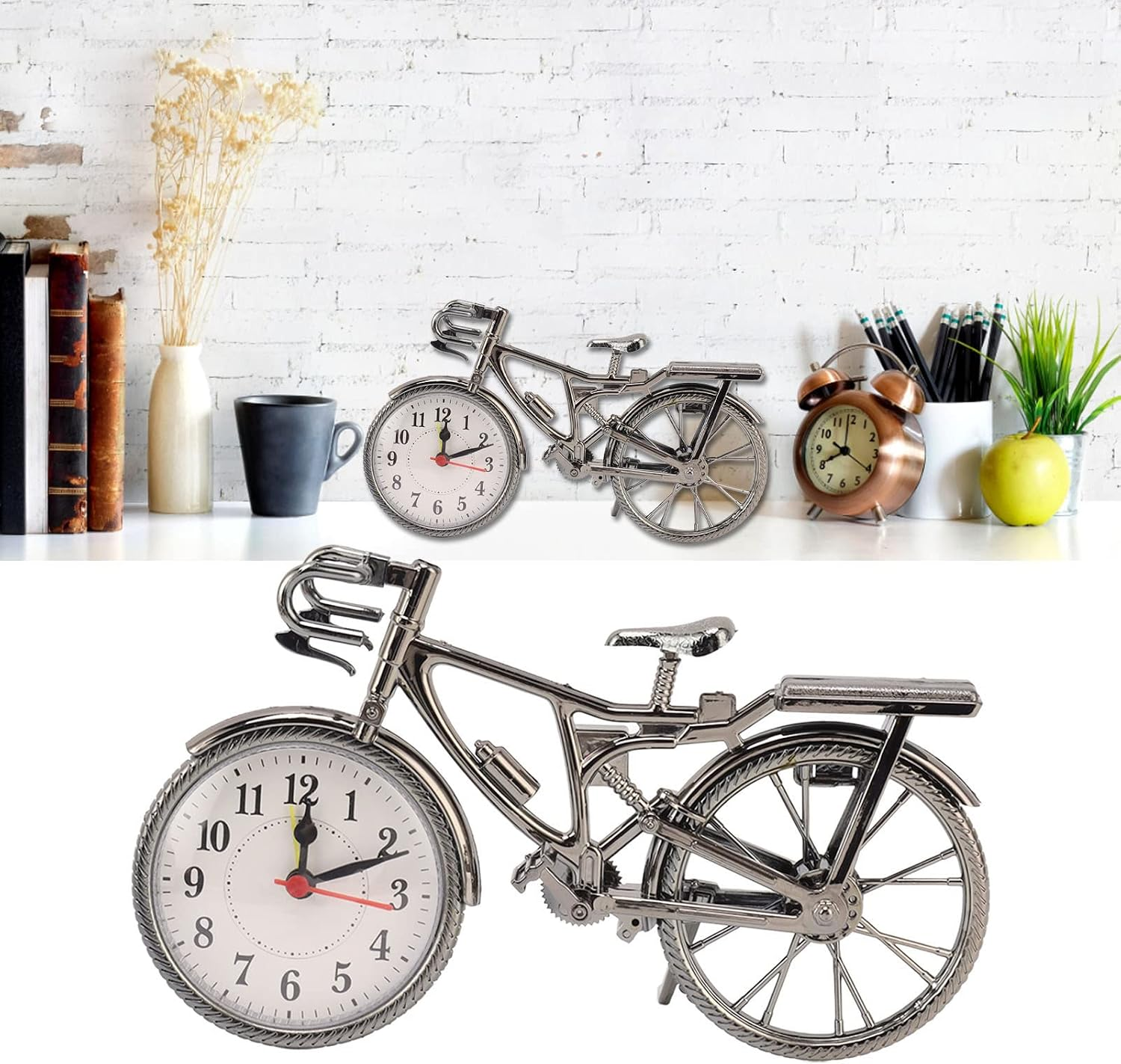 Eine silberne Metallfahrrad-Skulptur mit integriertem Zifferblatt im Vorderrad auf einem weißen Regal.