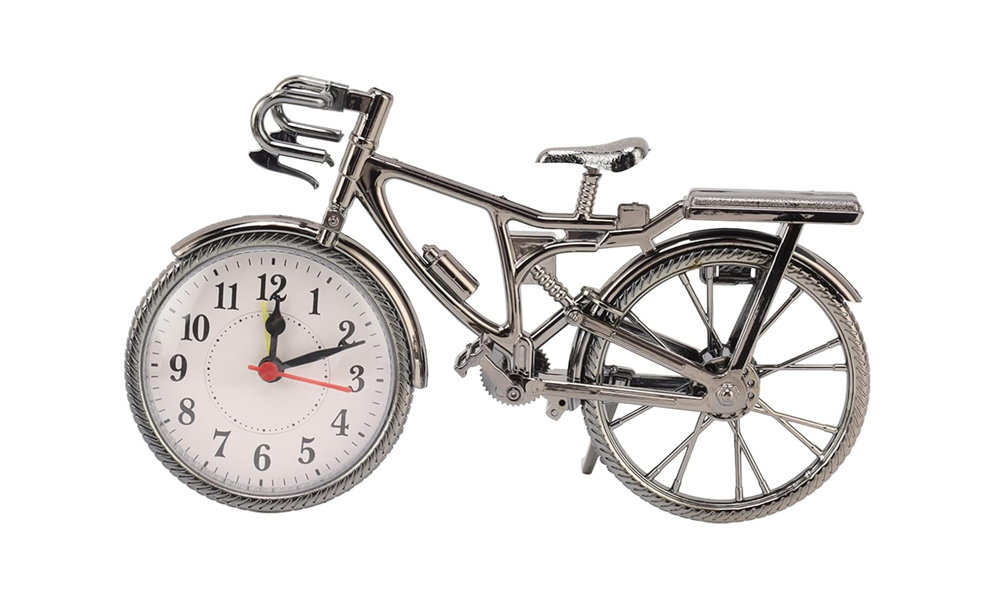 Metallmodell eines Rennrads, dessen Vorderrad als analoge Uhr mit weißem Zifferblatt und Ziffern gestaltet ist.