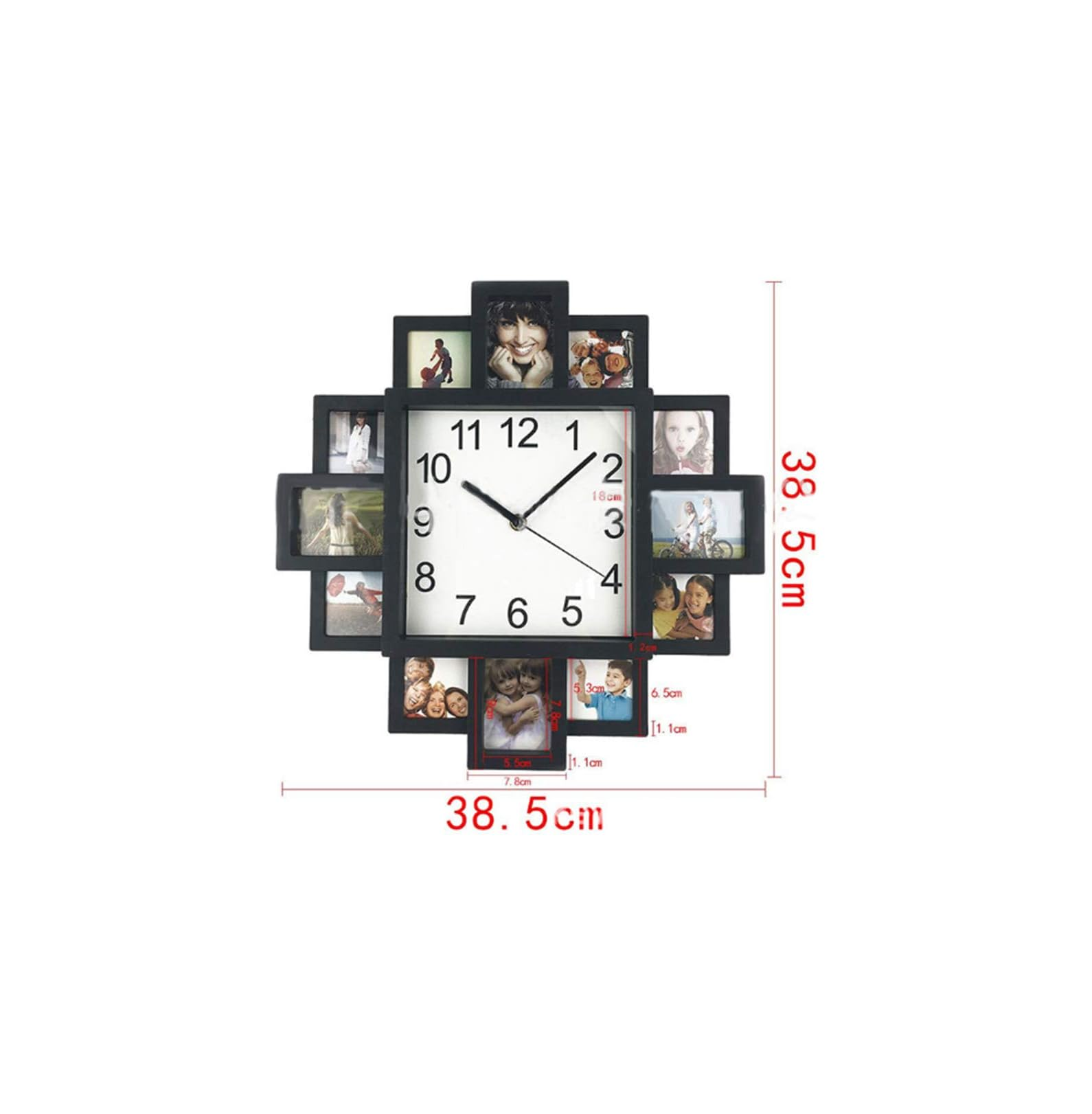 Wanderausstellung mit einer quadratischen Uhr in der Mitte, umgeben von kleinen Fotorahmen und Maßen von 38,5 cm.