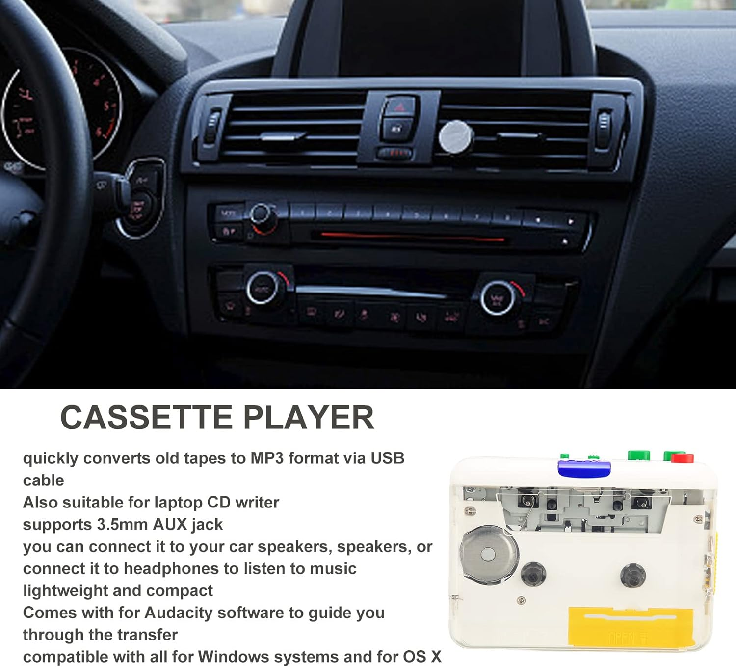 Ein tragbarer Kassettenplayer mit USB-Kabel wandelt alte Kassetten in MP3-Format um.