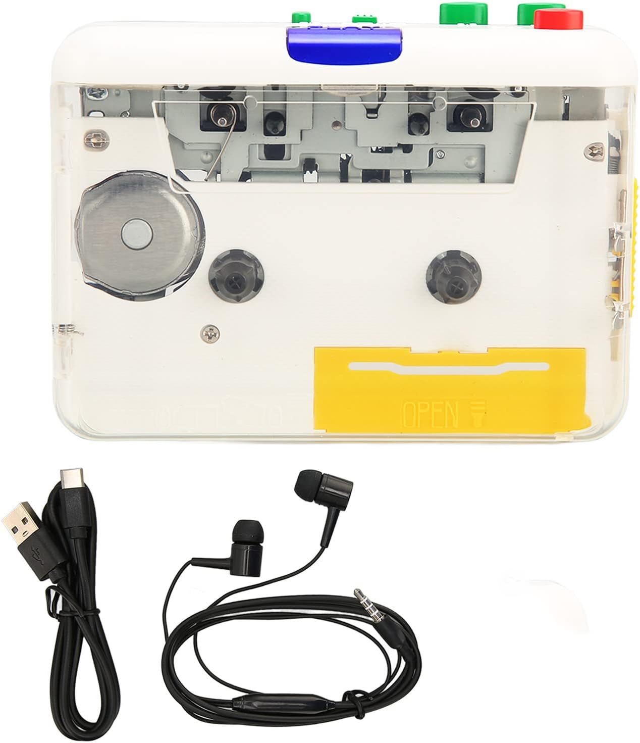 Transparenter Kassettenplayer mit USB-Kabel und schwarzen Kopfhörern auf weißem Hintergrund.