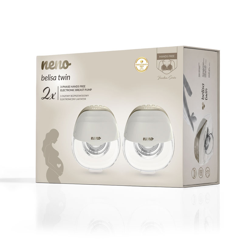 Verpackung der Neno Belisa Twin, einer freihändigen elektronischen Doppel-Milchpumpe in weiß-grauer Farbe.