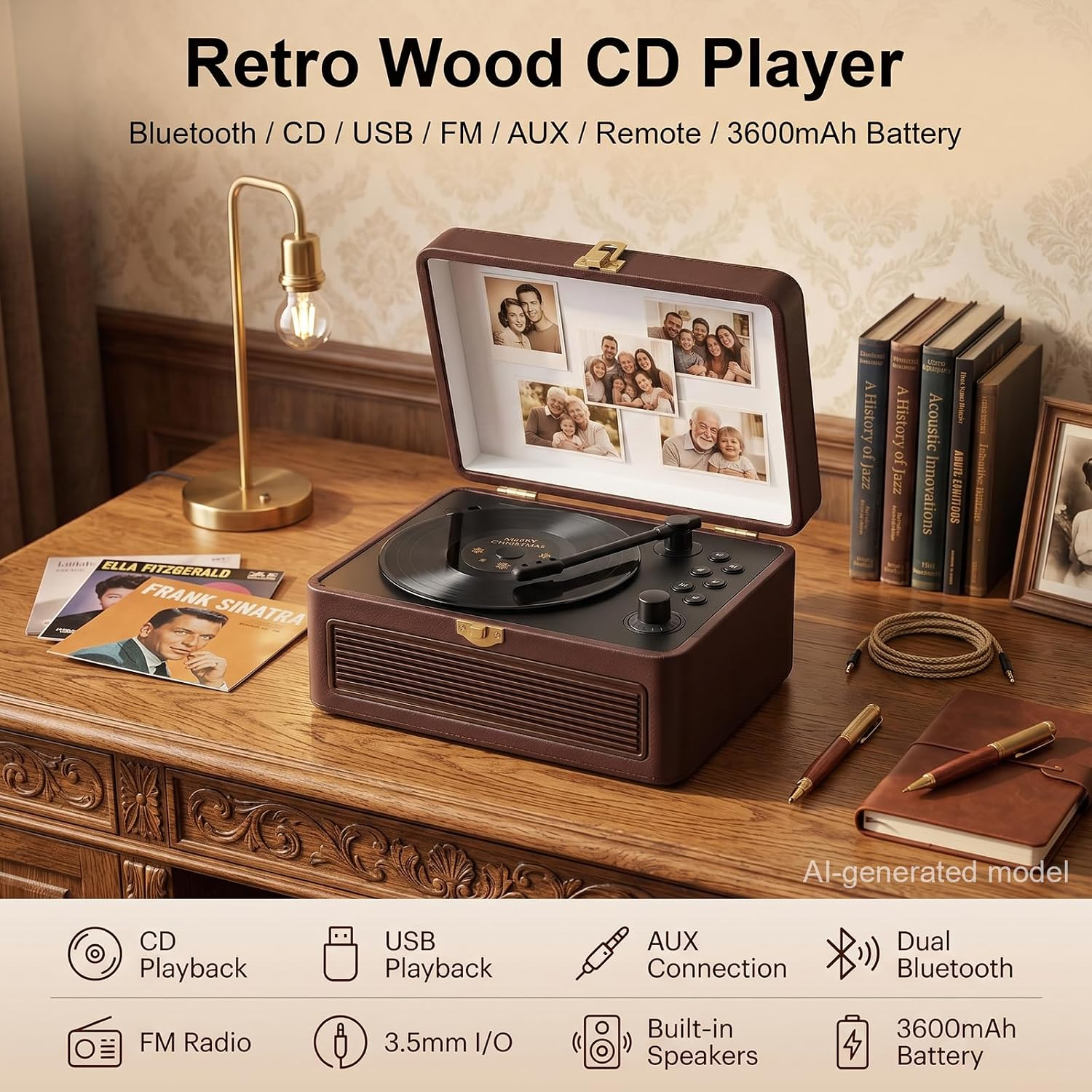 Ein brauner Retro-CD-Player steht auf einem Holztisch, umgeben von Büchern, Lampen und Schallplatten.