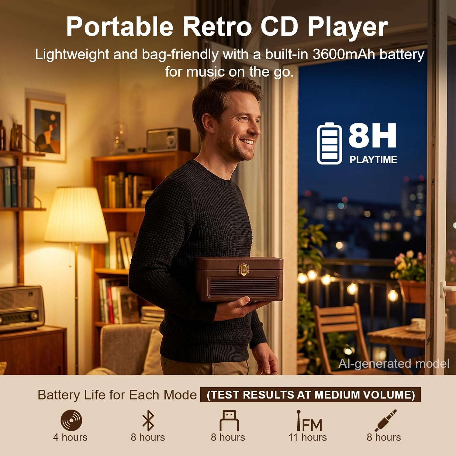 Ein Mann hält einen tragbaren CD-Player in einem gemütlichen Zimmer mit Text und Icons für die Akkulaufzeit.