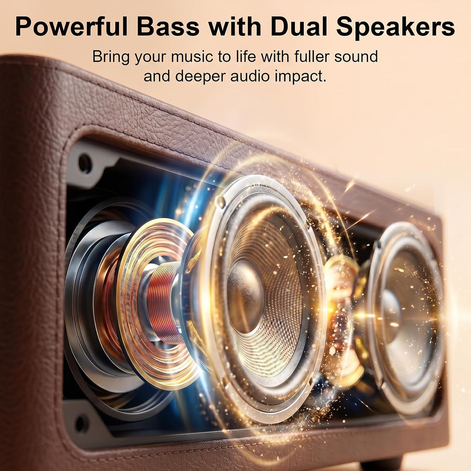 Bluetooth-Lautsprecher mit braunem Ledergehäuse und offenem, beleuchtetem Dual-Speaker-System.