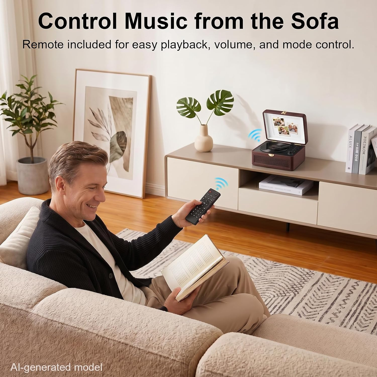 Ein Mann sitzt auf einem Sofa, liest ein Buch und bedient mit einer Fernbedienung eine Musikbox.