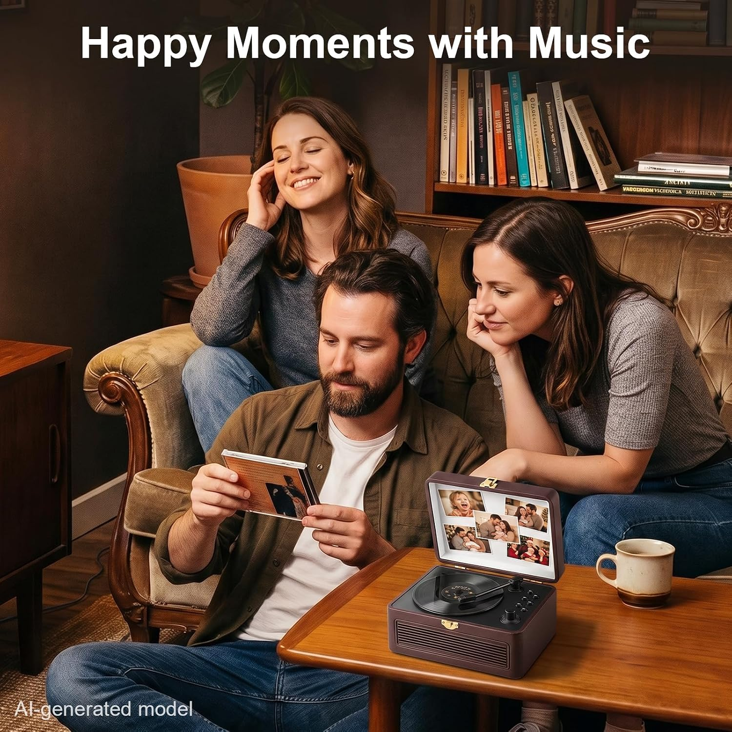 Drei Freunde sitzen gemütlich auf einem Sofa und hören Musik von einem Plattenspieler.