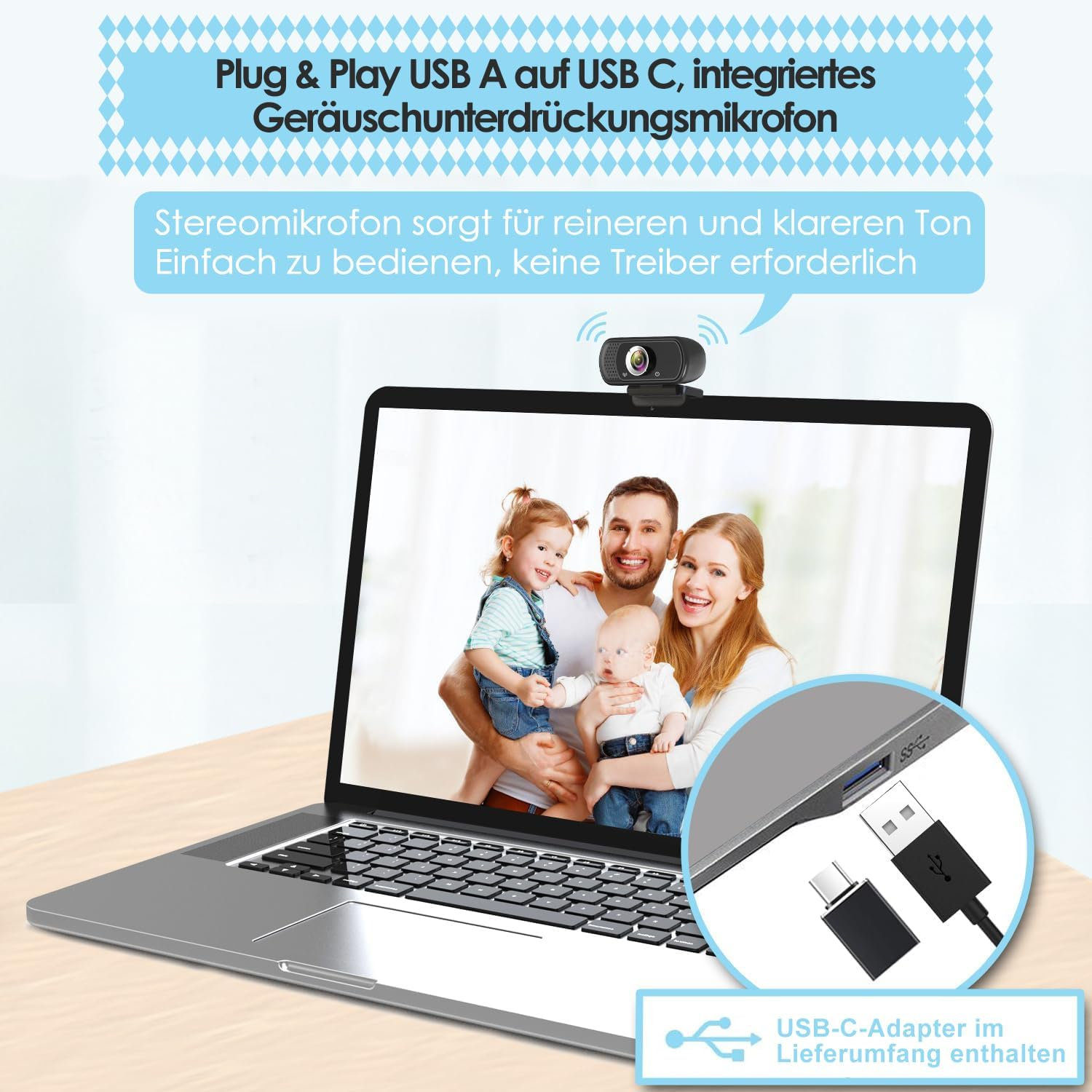 Webcam auf Laptop zeigt glückliche Familie auf dem Bildschirm, mit USB-Anschlüssen im Inlay und deutscher Werbung.