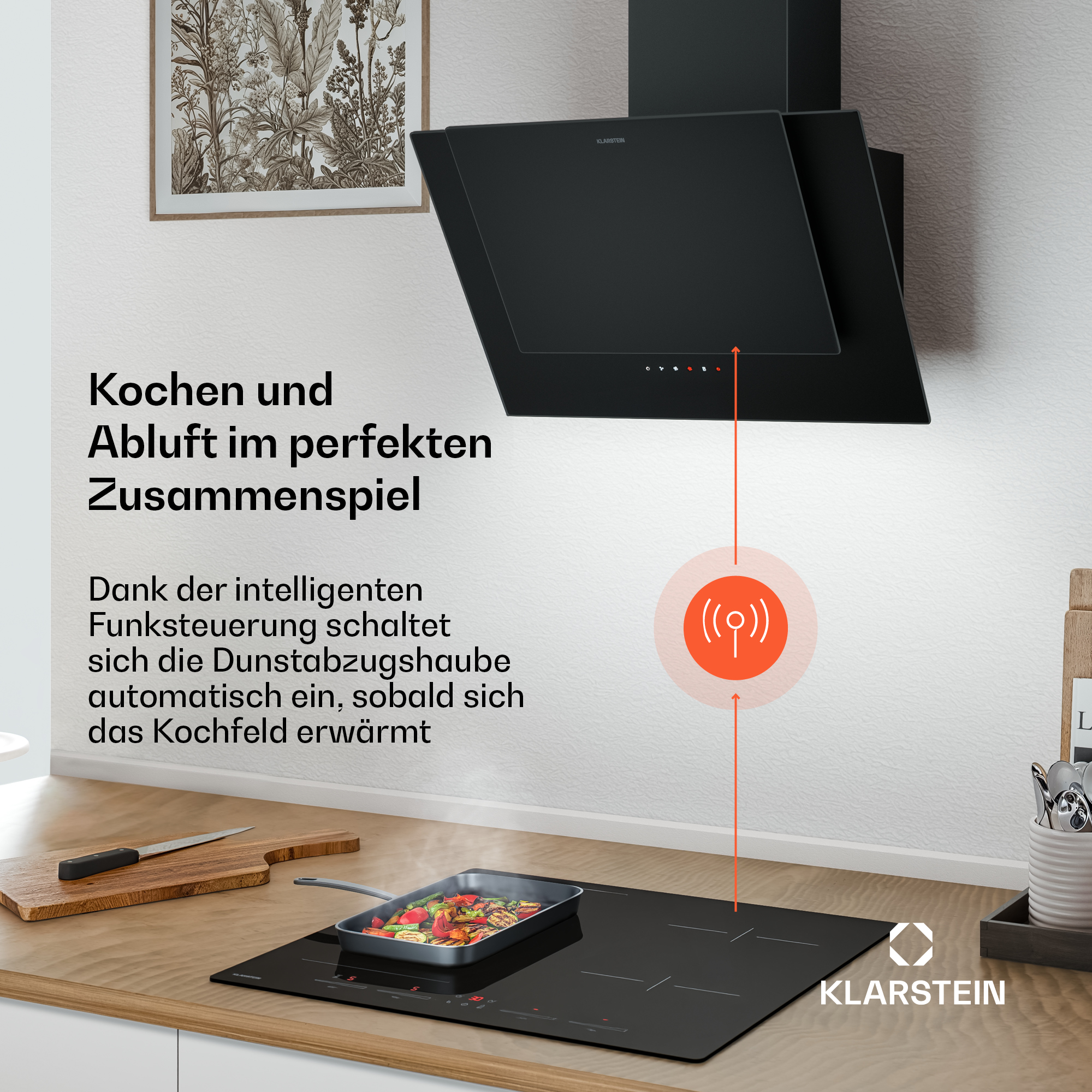 Moderne schwarze Dunstabzugshaube über einem Kochfeld, das drahtlos verbunden ist, mit Text.