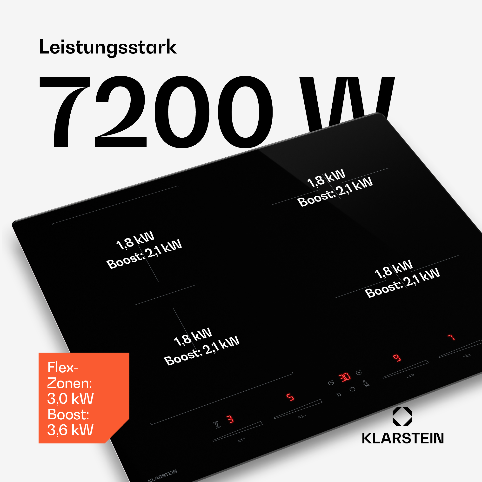Schwarzes Klarstein-Induktionskochfeld mit 7200 W, vier Kochzonen mit Leistungsangaben und einem orangen Infofeld.