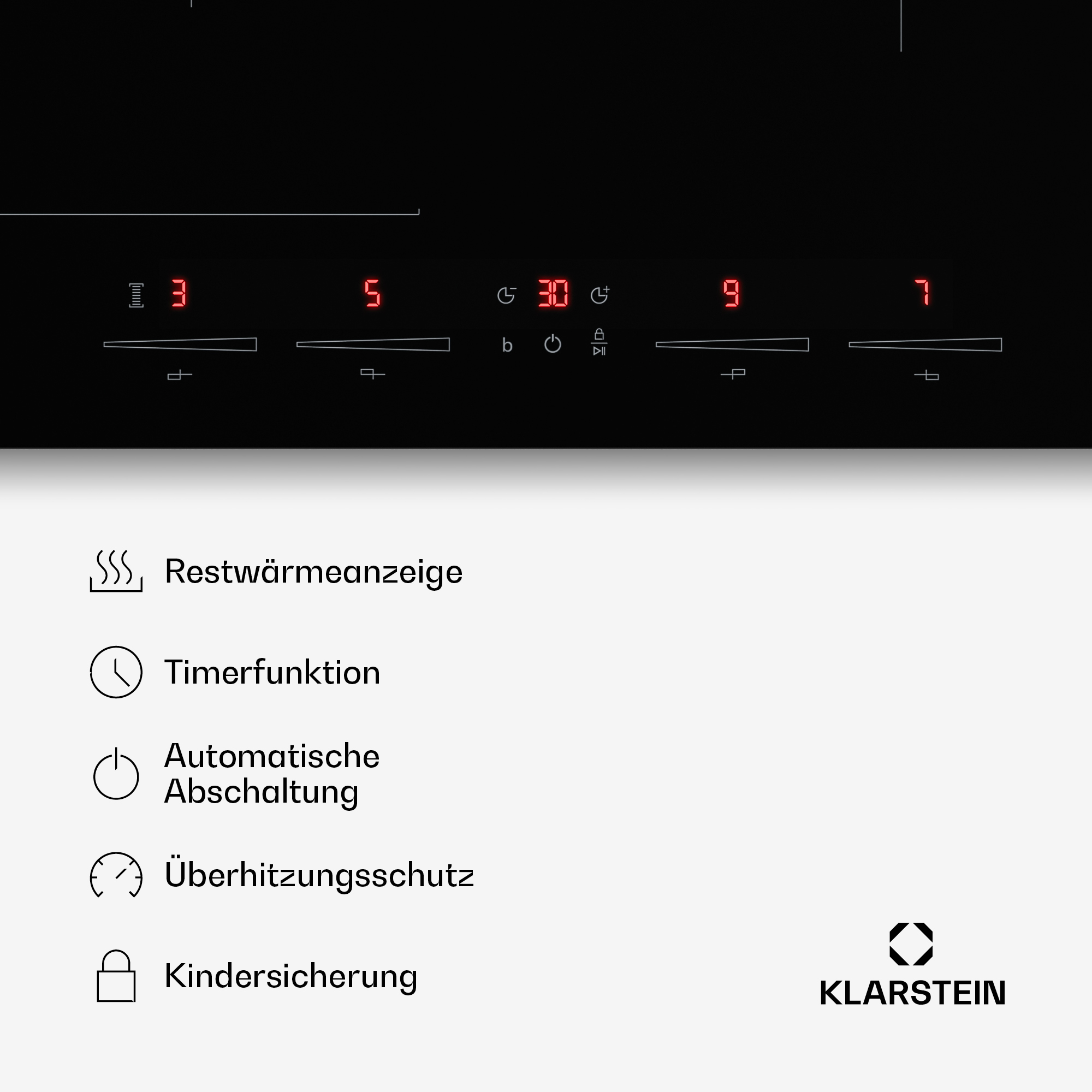 Schwarzes Kochfeld mit Touch-Steuerung und rotem LED-Display sowie Funktionen wie Timer und Restwärmeanzeige.