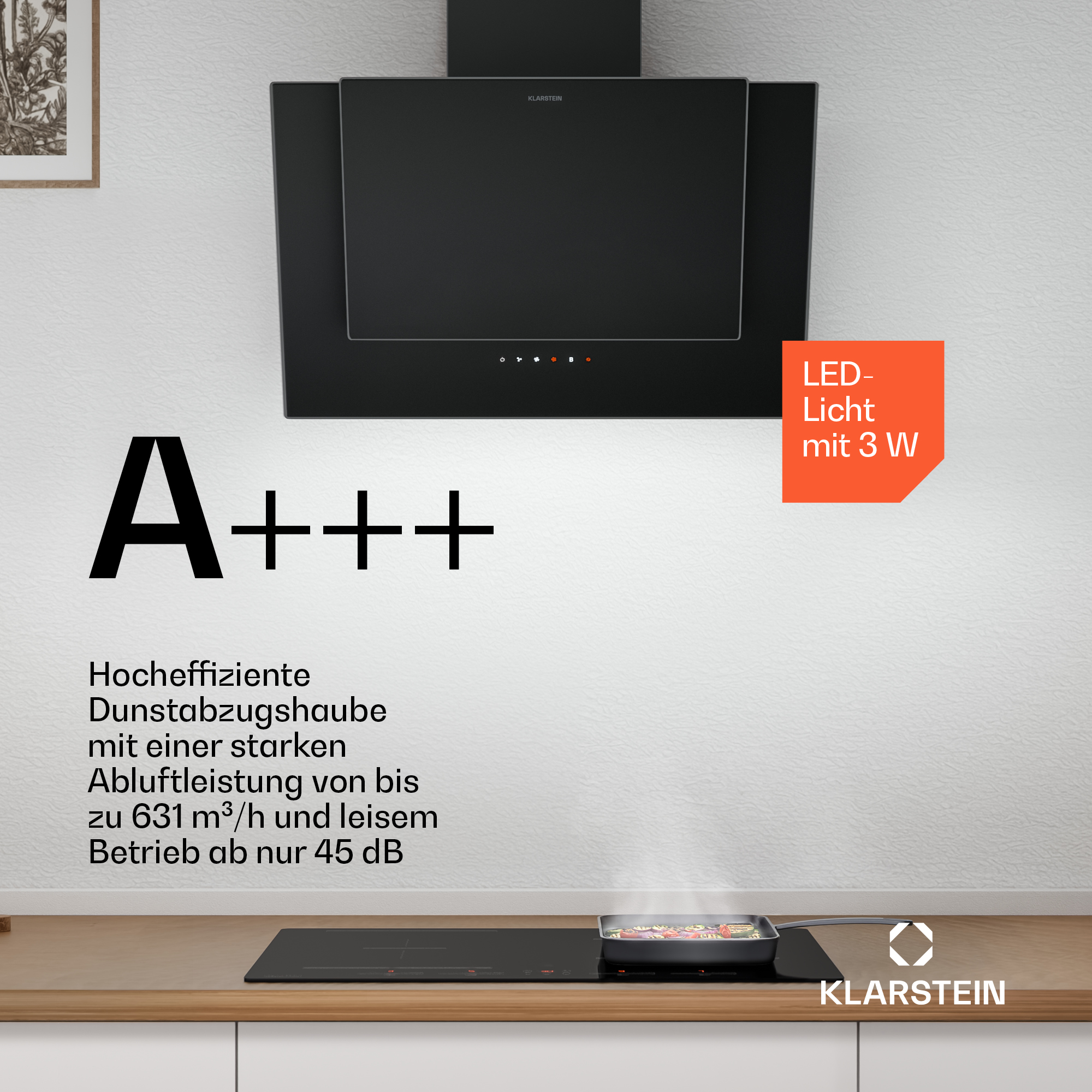 Schwarze Dunstabzugshaube A+++ mit LED-Licht und Kochfeld in einer modernen Küche.