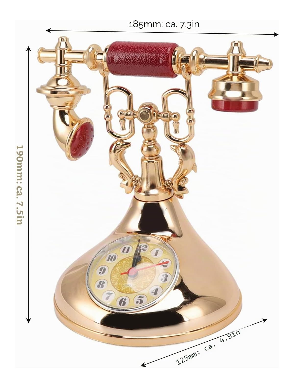 Ein antikes goldenes Tischtelefon mit roten Akzenten und integrierter Uhr im Sockel zeigt Maßangaben.