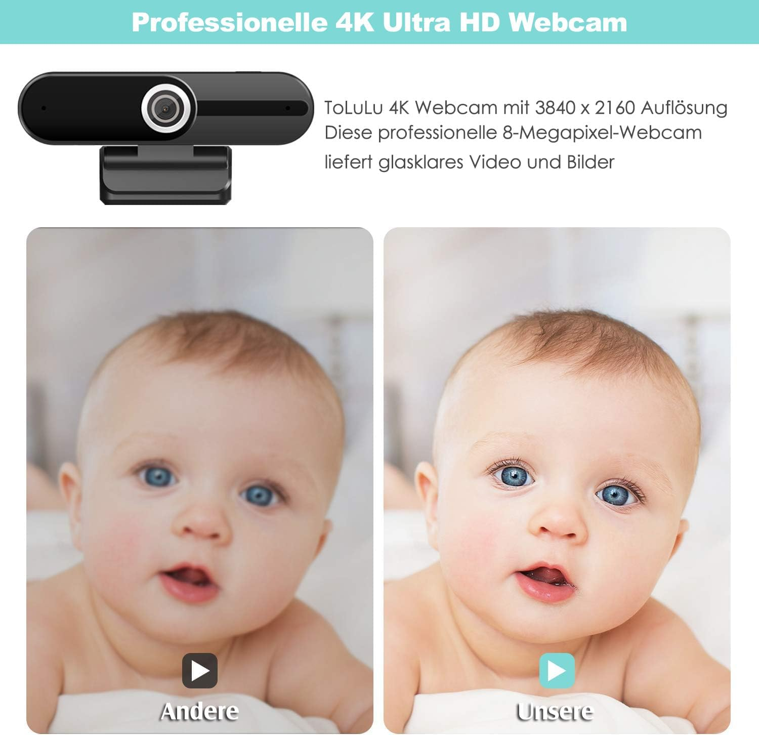 Vergleich zweier Babybilder zur Demonstration einer 4K Webcam mit verbesserter Bildschärfe.