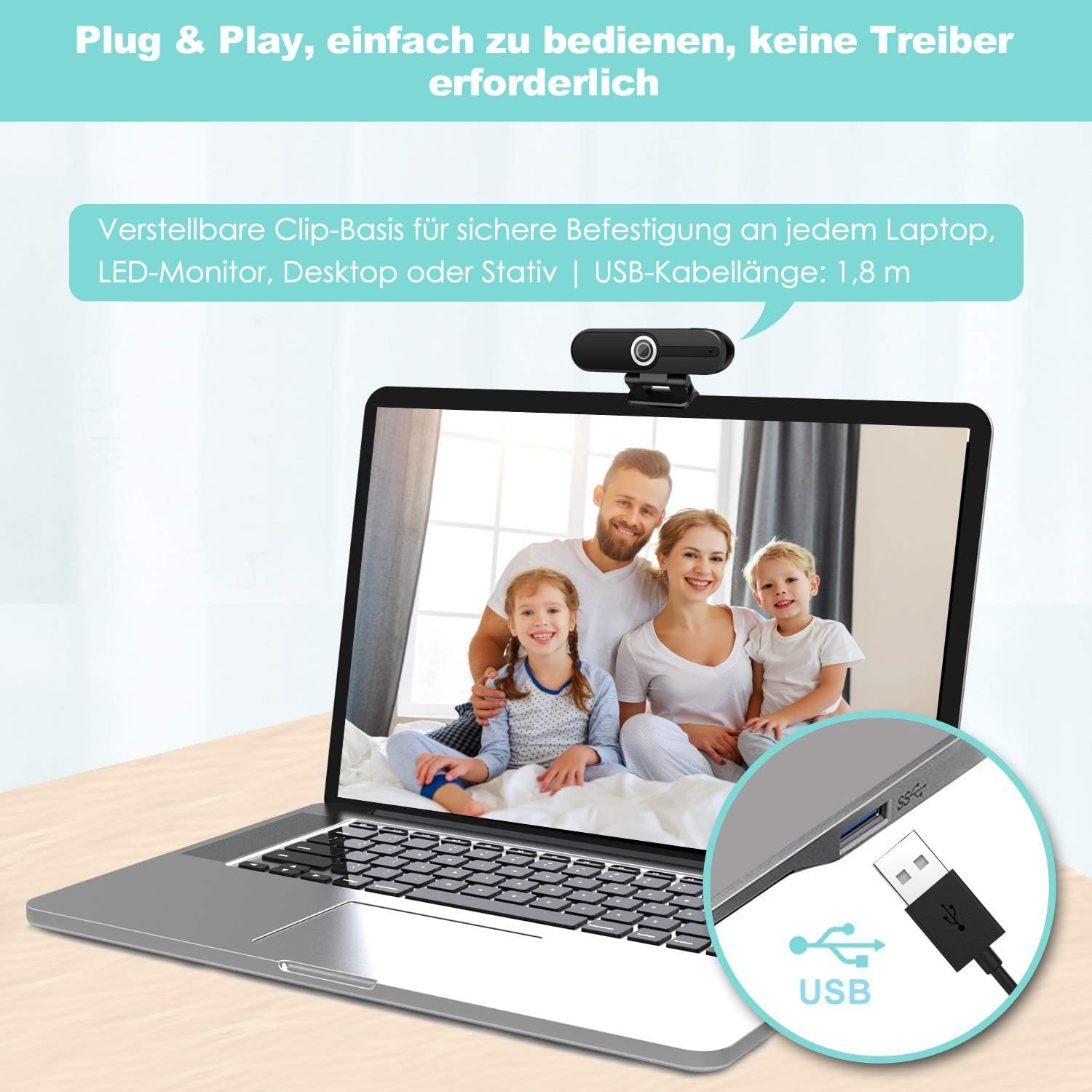 Laptop mit Webcam auf dem Bildschirm, die eine glückliche Familie zeigt und USB-Kabel-Inlay.