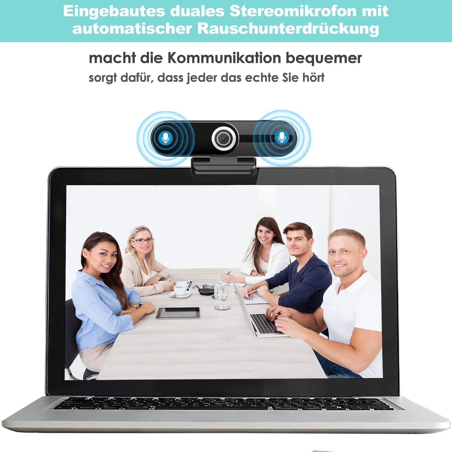Webcam mit dualem Mikrofon auf Laptop, Bildschirm zeigt ein Team bei einer Besprechung.