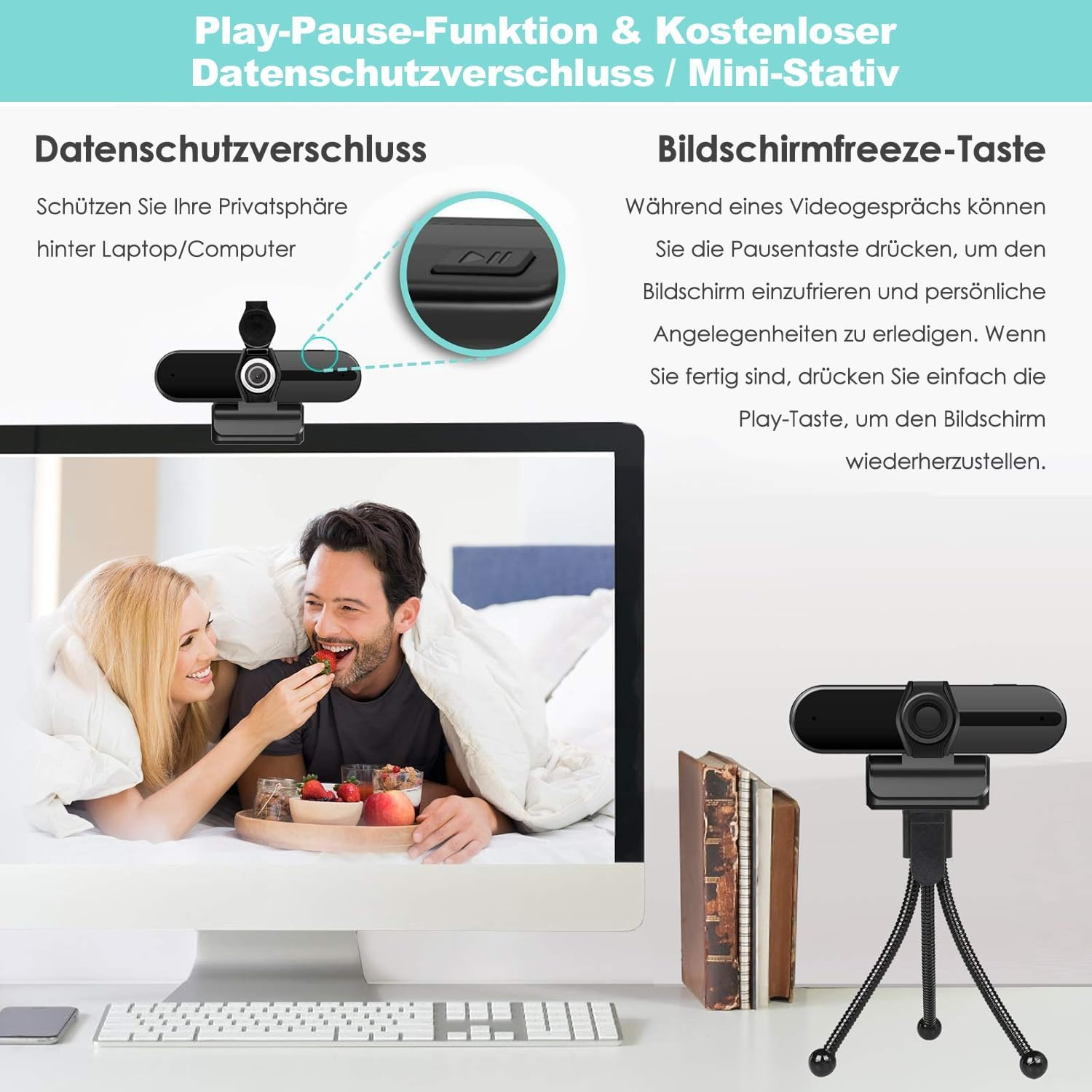 Webcam mit Datenschutzverschluss und Stativ zeigt Videocall auf Laptop mit einem Paar im Bett.