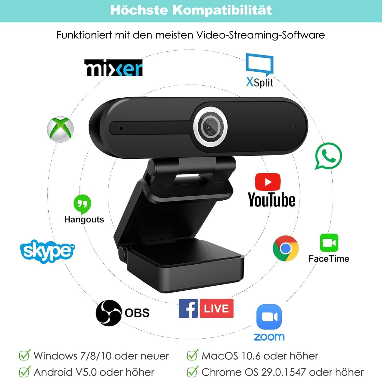 Schwarze Webcam mit Standfuß, umgeben von Logos gängiger Streaming- und Videosoftware.