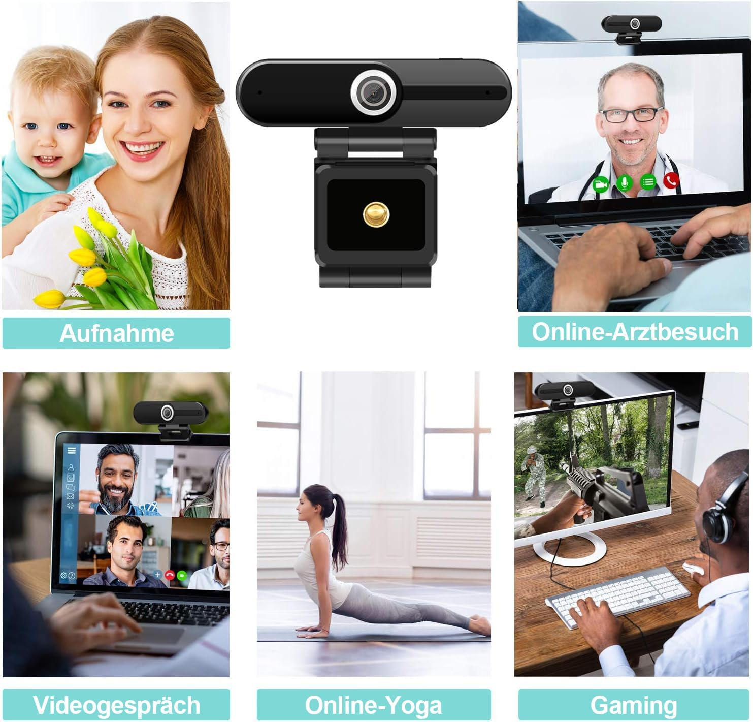 Eine Webcam mit Anwendungsfällen wie Videoanrufen, Online-Arztbesuchen, Yogakursen und Gaming.