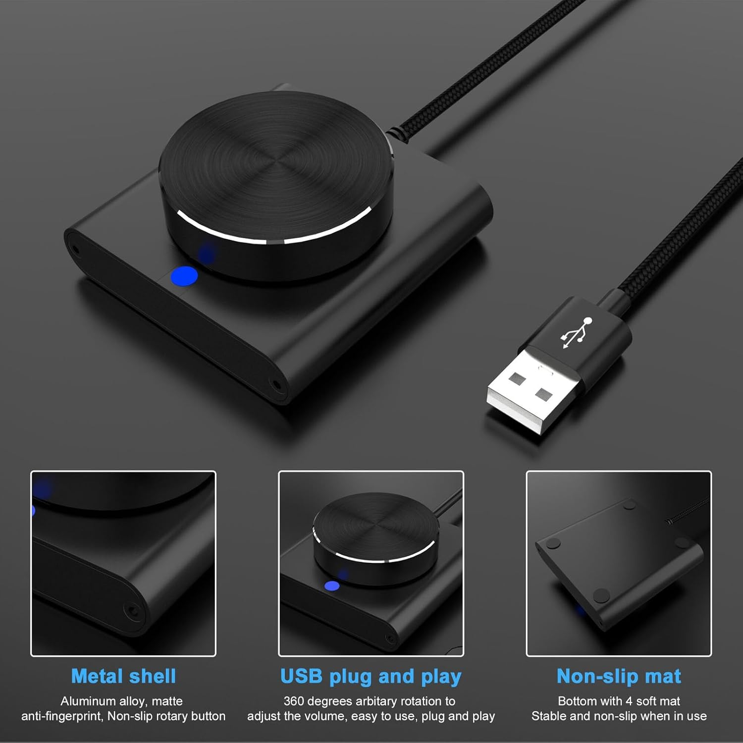 Schwarzer USB-Lautstärkeregler mit Aluminiumgehäuse, drehbarem Knopf und rutschfester Unterseite.