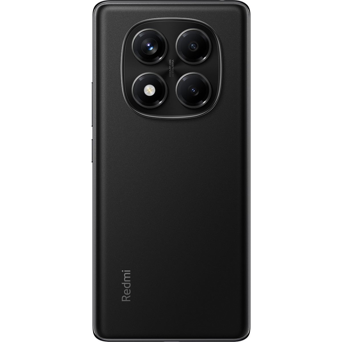 Dört lensli kare kamera modülü, flaşı ve Redmi logosu bulunan siyah Redmi akıllı telefonun arka yüzü.