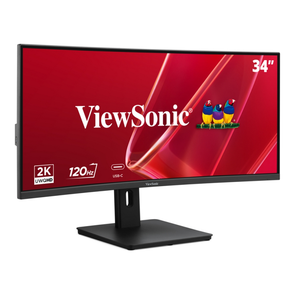 Monitor curvo ViewSonic da 34 pollici con sfondo rosso, logo uccelli, 2K UWQHD, 120Hz e USB-C.