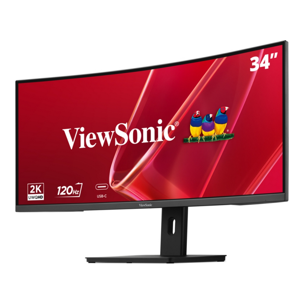Un monitor curvo ViewSonic da 34 pollici con schermo rosso e logo del marchio.