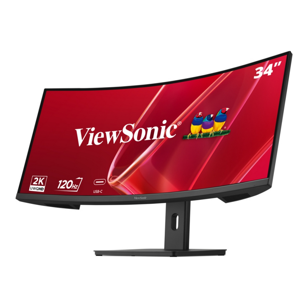 Un monitor curvo ViewSonic da 34 pollici mostra uno schermo rosso con il suo logo e tre uccelli colorati.