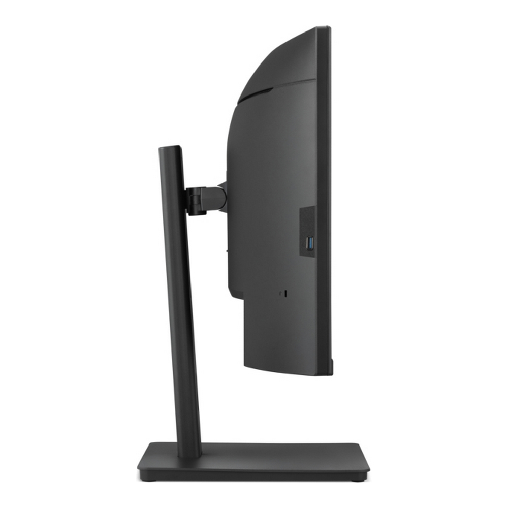 Vista laterale di un monitor per computer nero su supporto con sfondo bianco.
