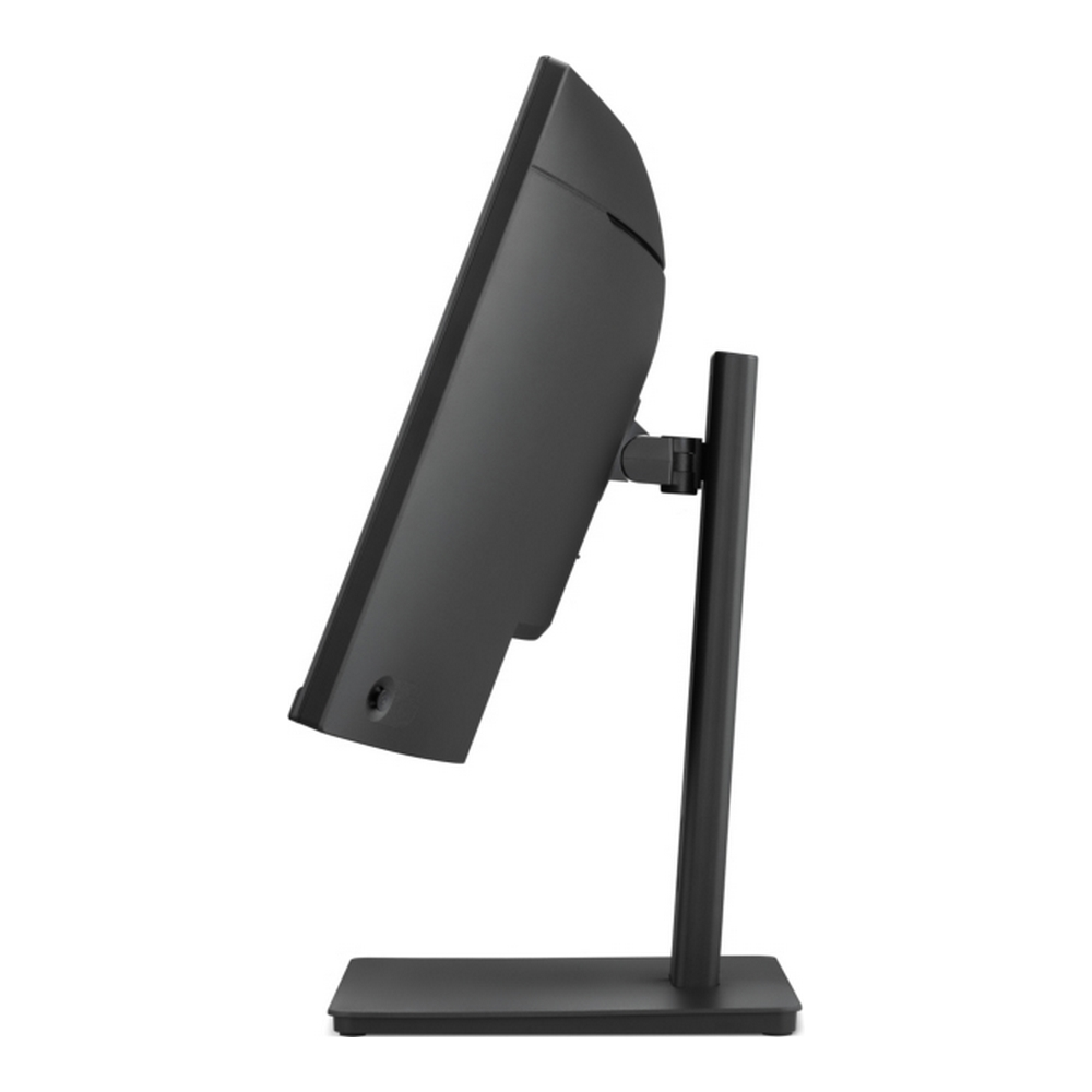 Vista laterale di un moderno monitor nero con supporto su sfondo bianco.