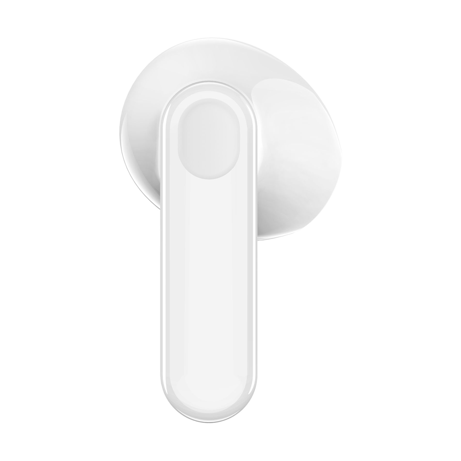 Ein glänzender, weißer In-Ear-Kopfhörer mit einem Stiel, vor weißem Hintergrund.