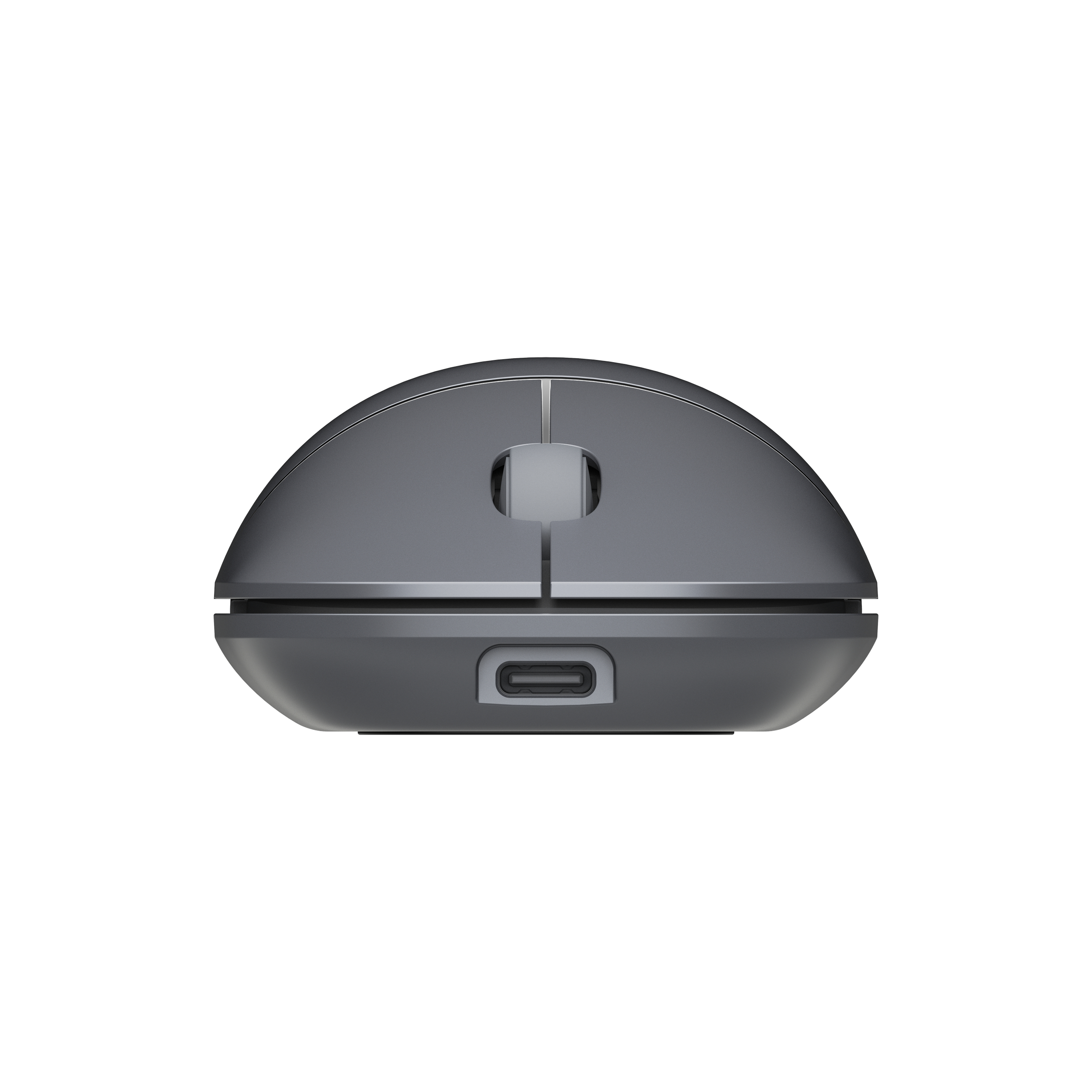 Vorderansicht einer dunkelgrauen Computermaus mit USB-C-Anschluss unter den Tasten.