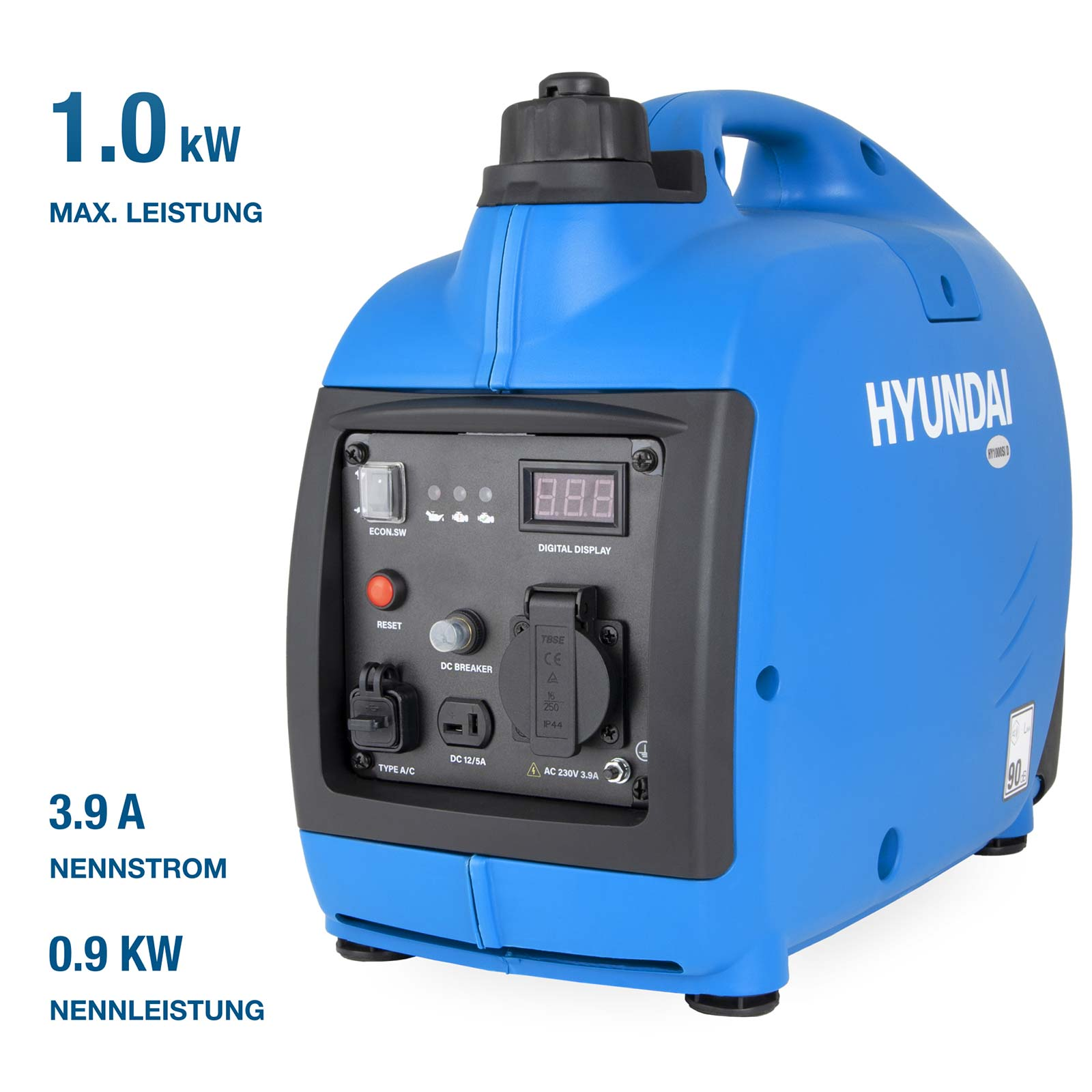 Tragbarer blauer Hyundai Inverter-Stromerzeuger mit Bedienteil, digitalen Display und technischen Leistungsdaten.