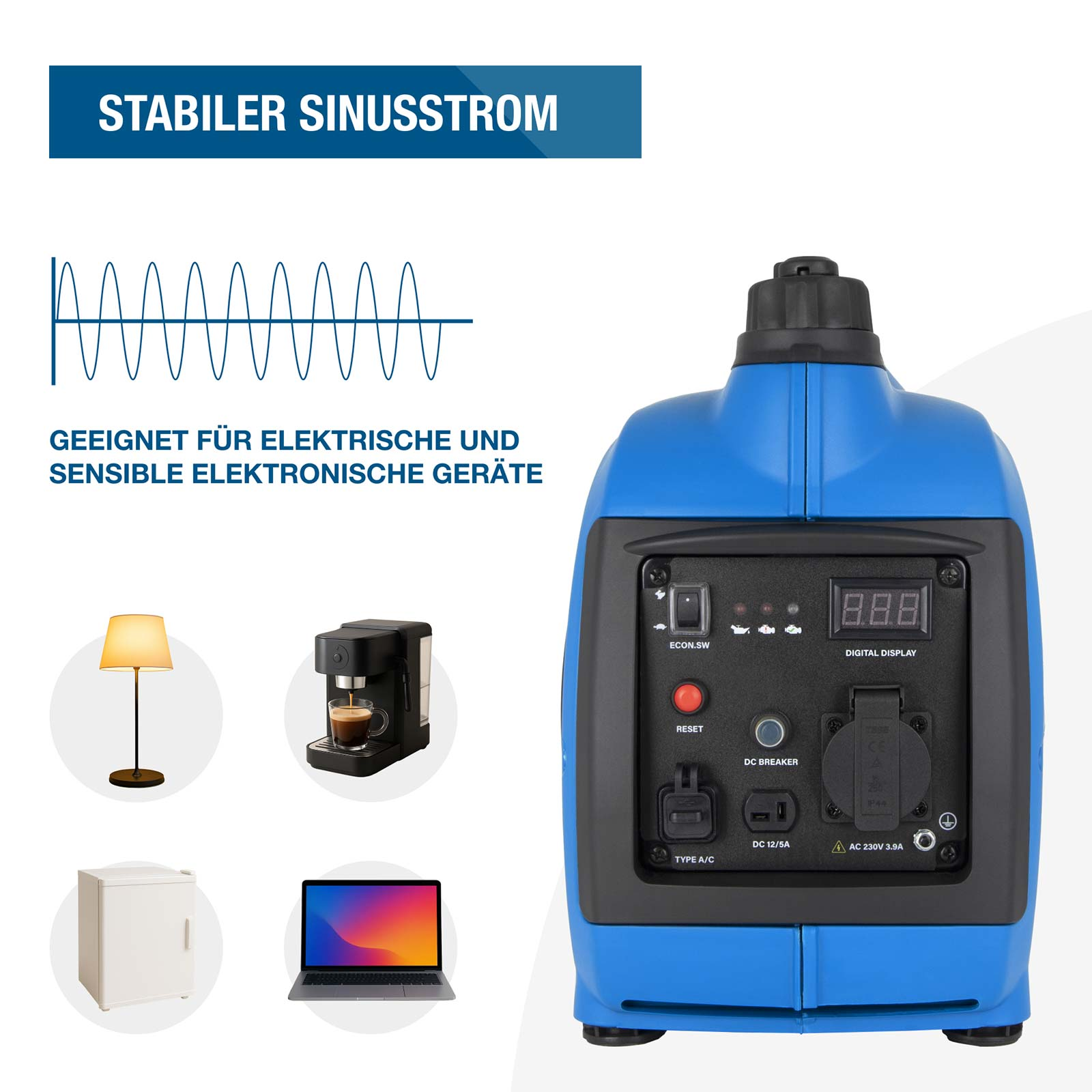 Blauer Inverter-Stromerzeuger mit Schalttafel, Sinuswellen-Grafik und Symbolen für kompatible Geräte.