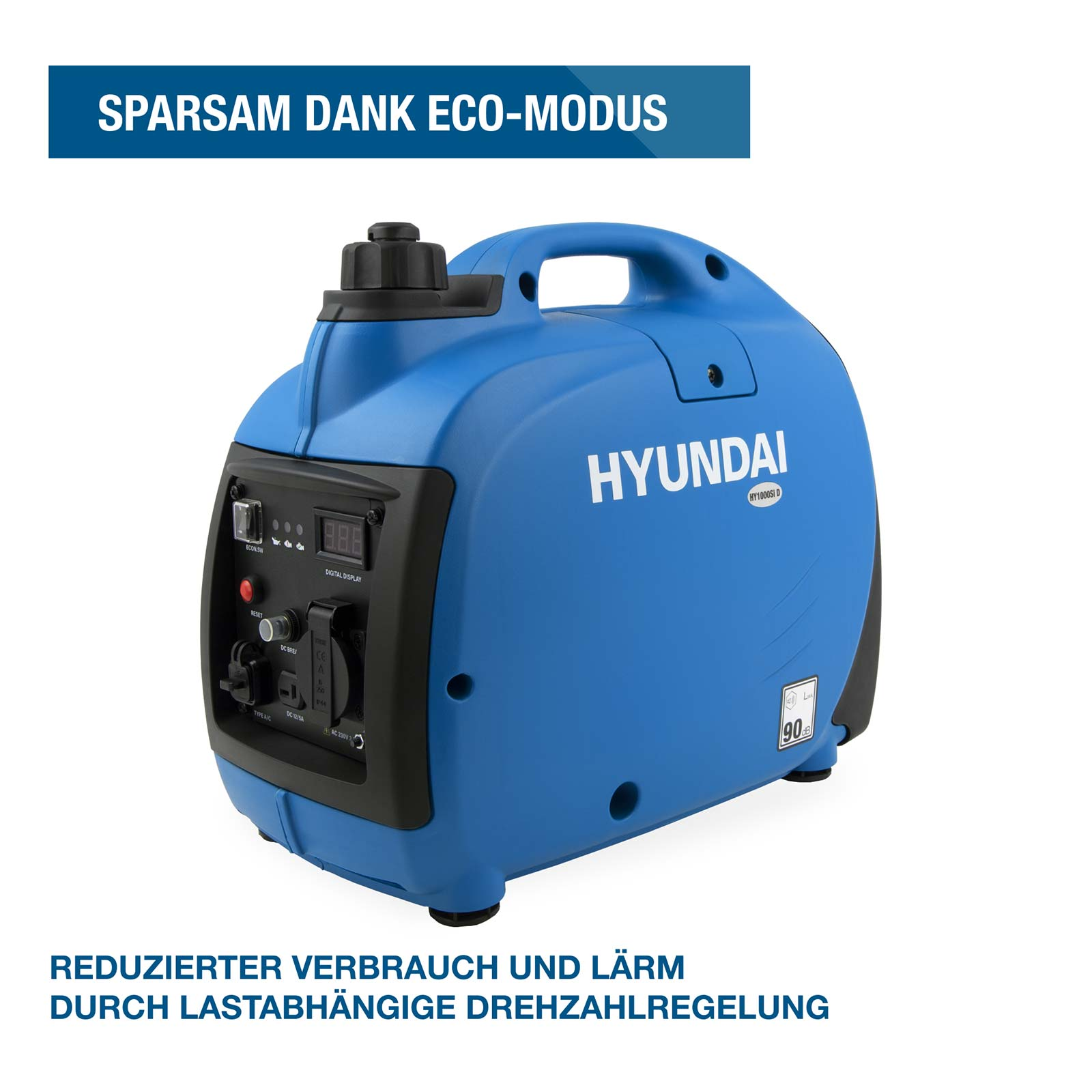 Ein blauer Hyundai Inverter-Stromerzeuger mit schwarzem Bedienfeld und Tragegriff vor weißem Hintergrund.