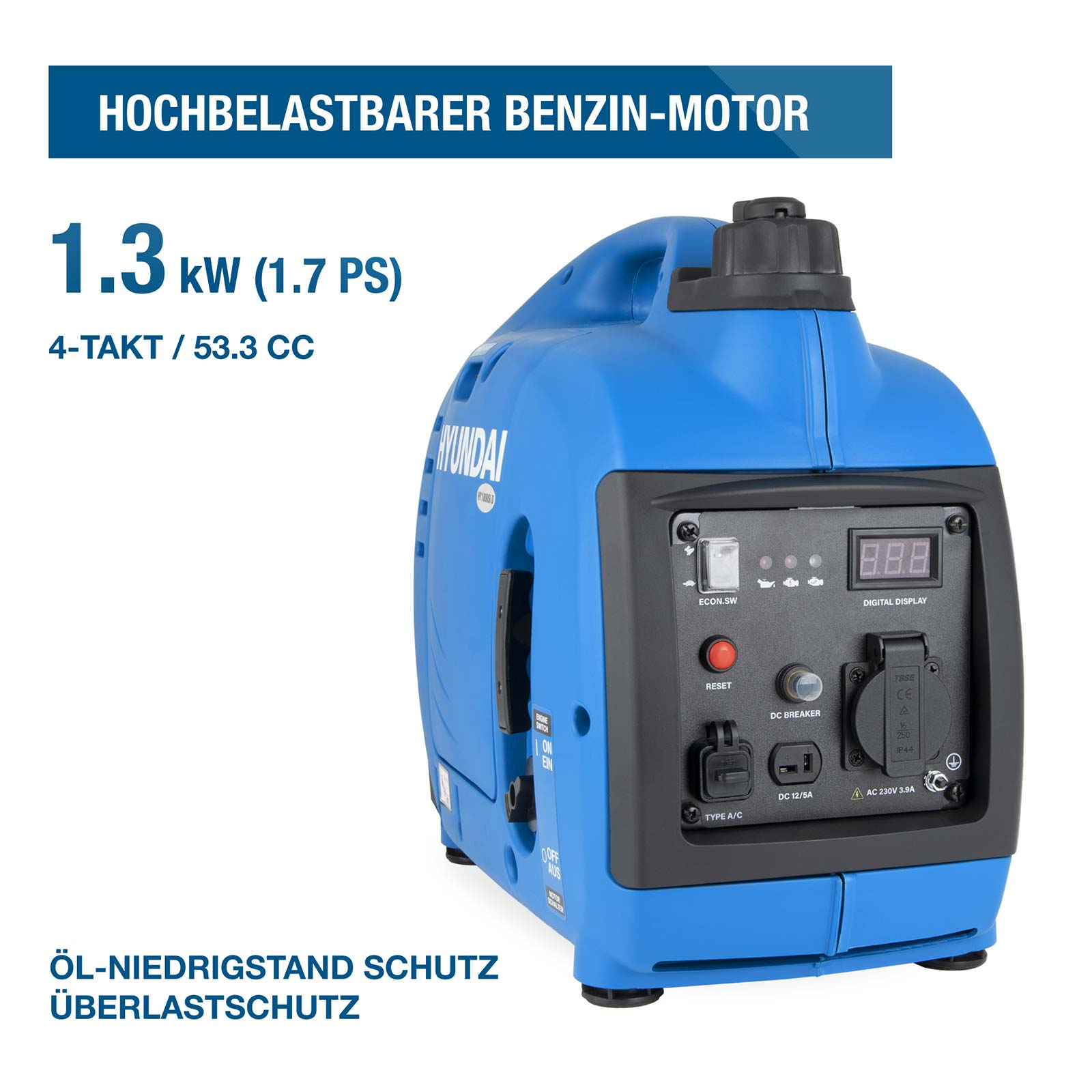 Ein blauer, tragbarer Inverter-Generator mit schwarzem Bedienfeld, Digitaldisplay und deutschen Texten.