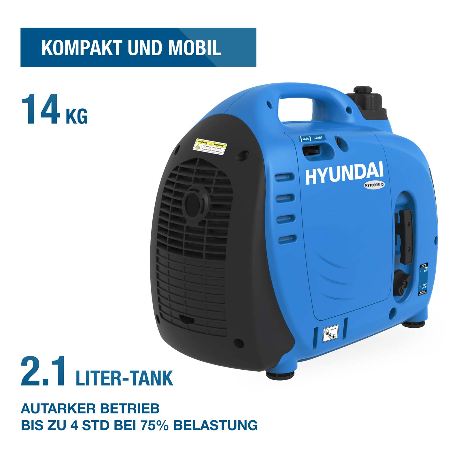 Blauer Hyundai Generator HY1000Si D, 14 kg, mit schwarzem Frontgitter und Griff auf weißem Grund.