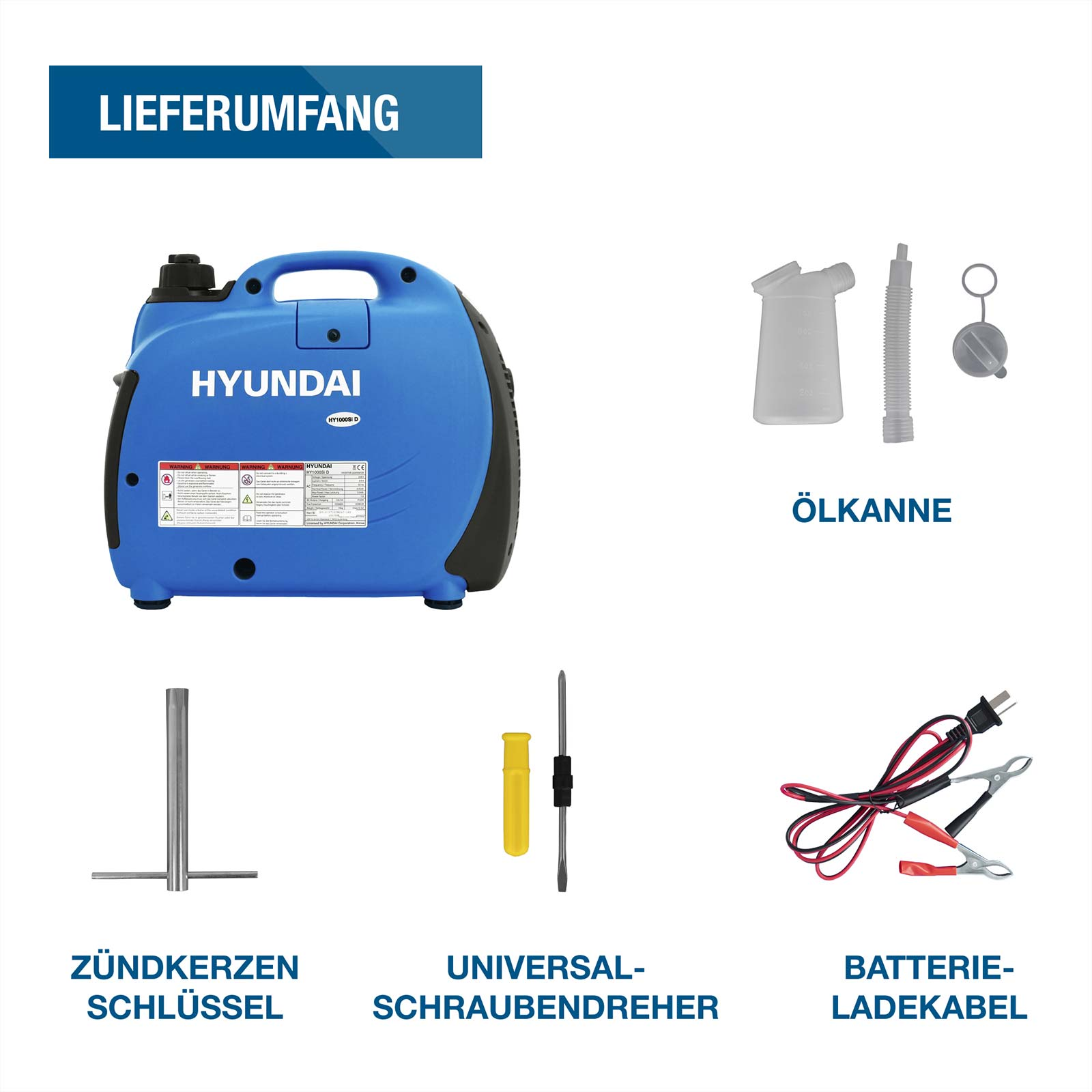 Lieferumfang eines blauen Hyundai-Generators mit Ölkanne, Zündkerzenschlüssel, Schraubendreher und Ladekabel.
