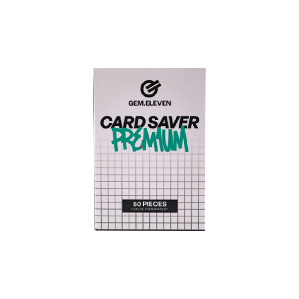 Verpackung von Gem Eleven Card Saver Premium, weiß mit schwarzem Rastermuster, Text und Logo.