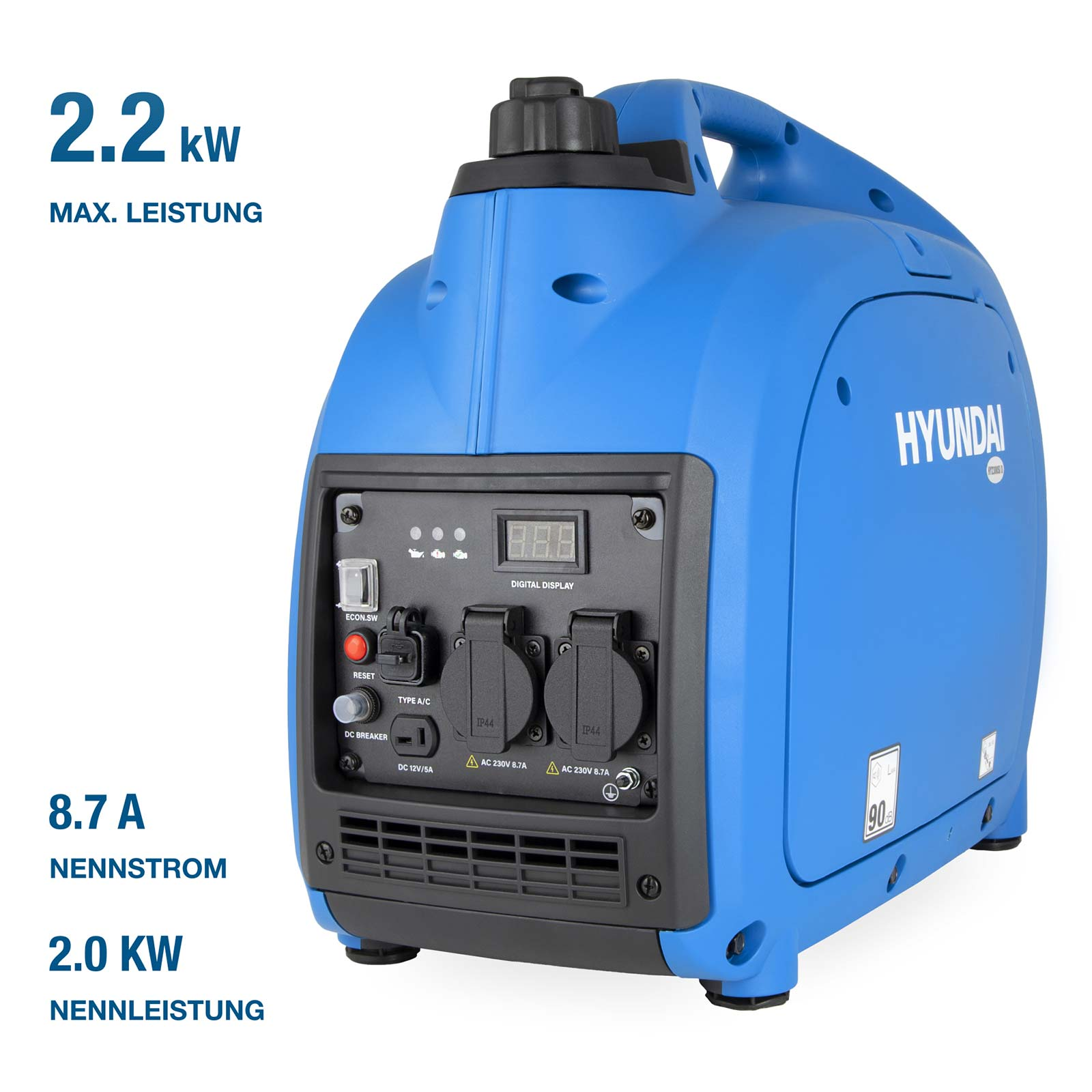 Ein blauer tragbarer Hyundai-Inverter-Generator mit digitalem Display, zwei AC-Steckdosen und technischen Daten links.