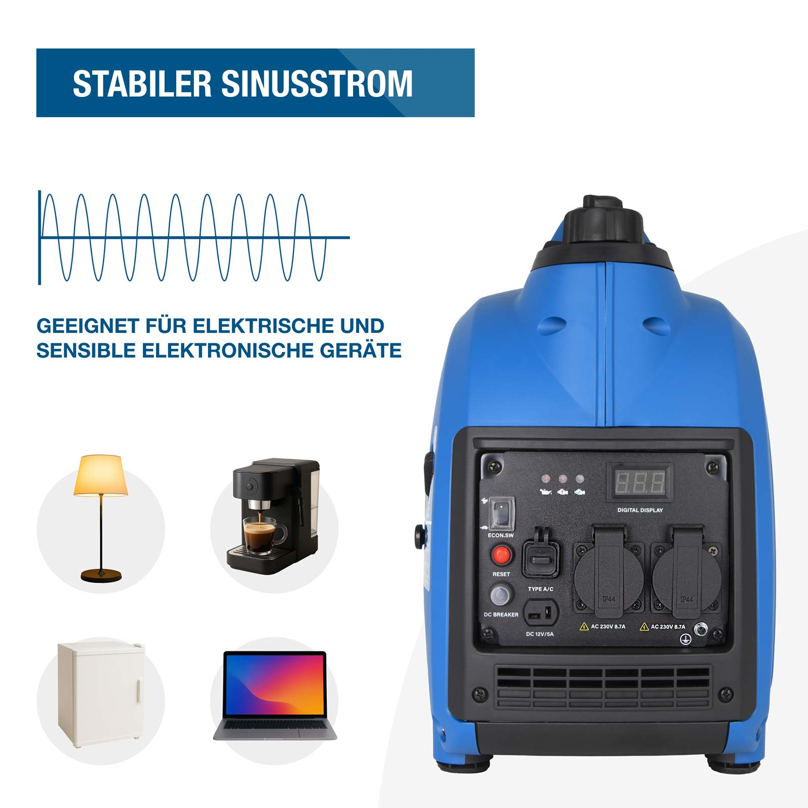 Blauer Inverter-Stromerzeuger mit Display, Steckdosen und Symbolen für kompatible Geräte.