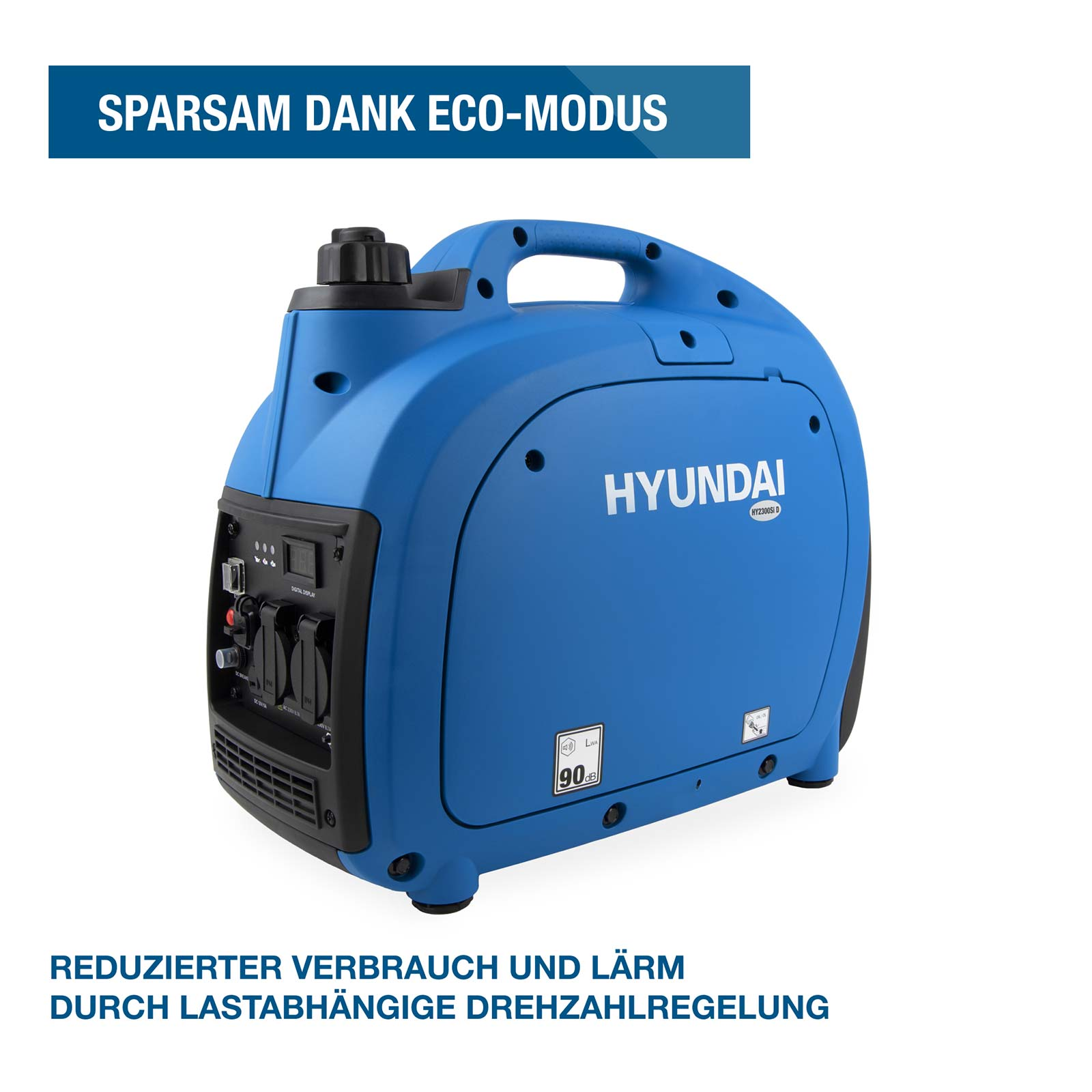 Ein blauer Hyundai Stromerzeuger mit Eco-Modus und Steckdosen auf der Vorderseite vor weißem Hintergrund.
