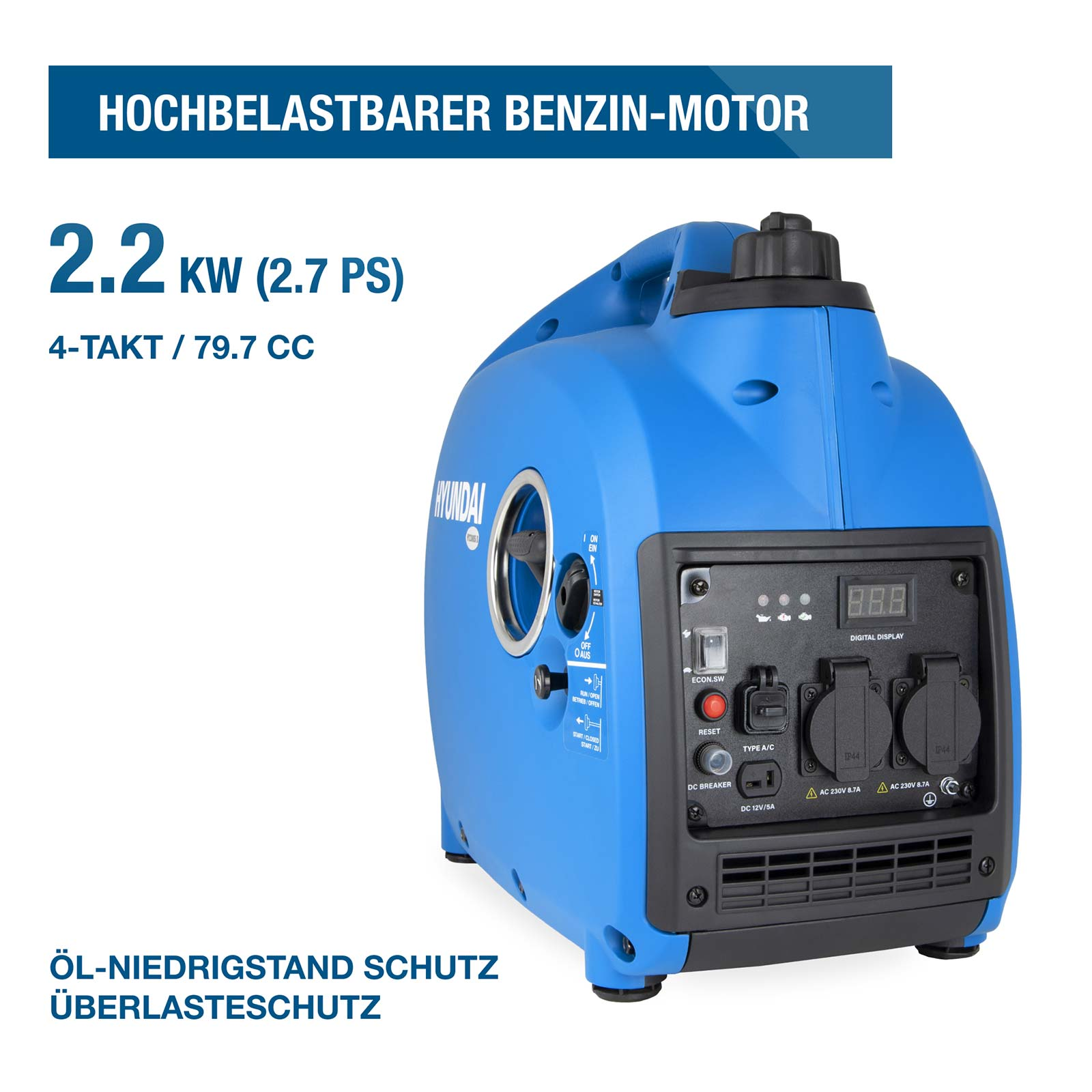 Blauer Hyundai Benzin-Inverter-Stromerzeuger mit 2.2 kW, digitalen Anzeigen und Steckdosen auf weißem Hintergrund.