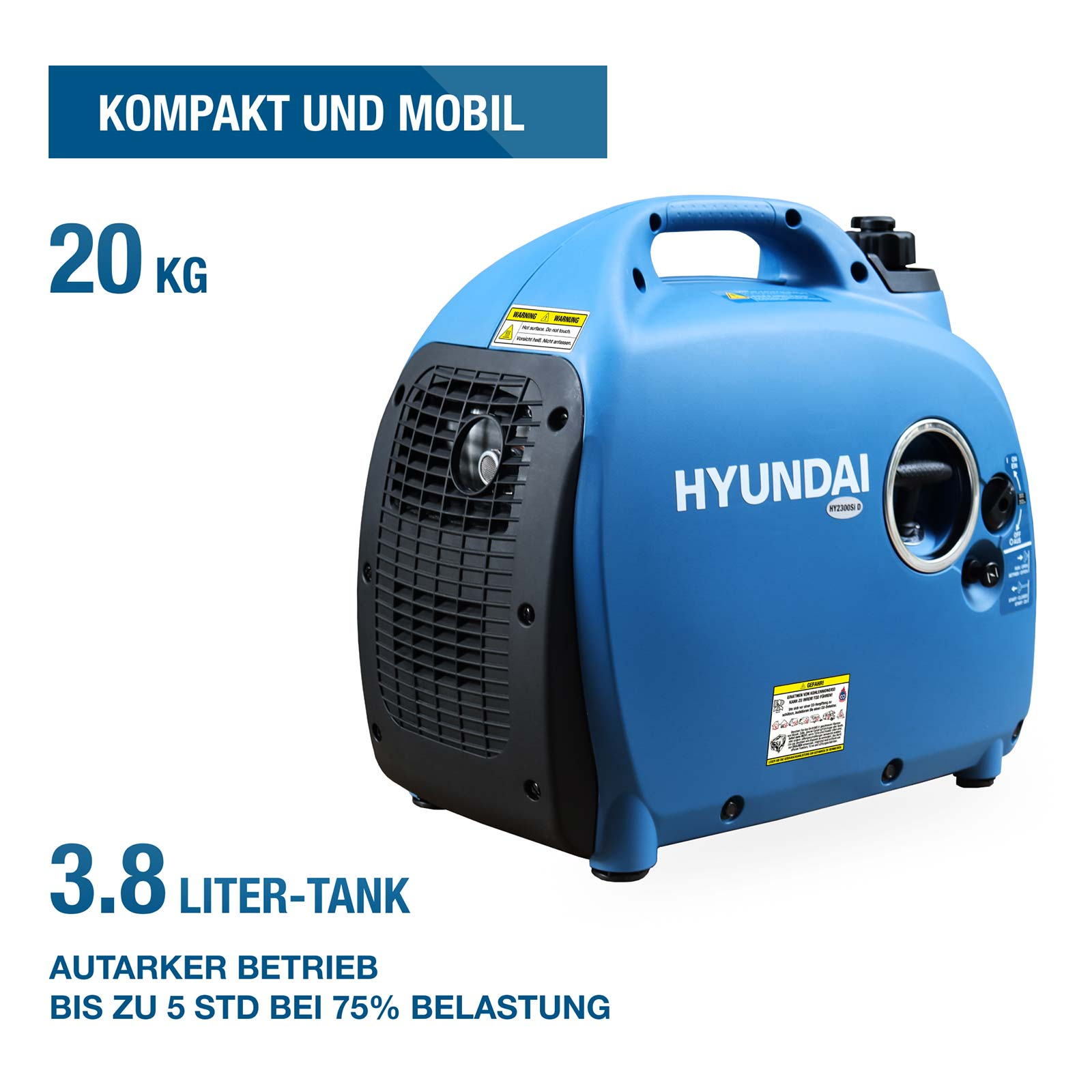 Kompakter blauer Hyundai Generator mit 20 kg Gewicht und 3,8 Liter Tank.
