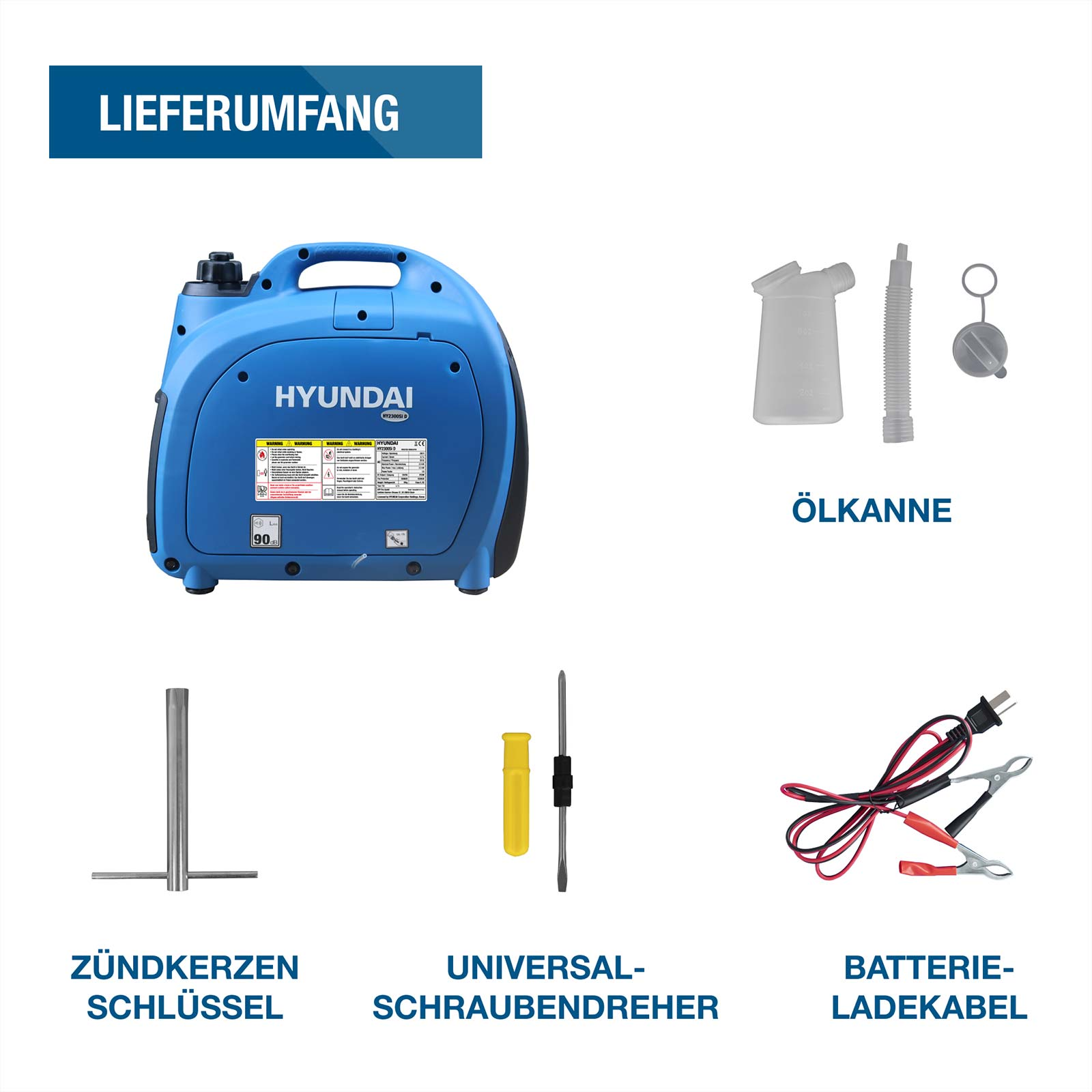 Hyundai Inverter-Stromerzeuger mit Zubehör wie Ölkanne, Zündkerzenschlüssel, Schraubendreher und Ladekabel.