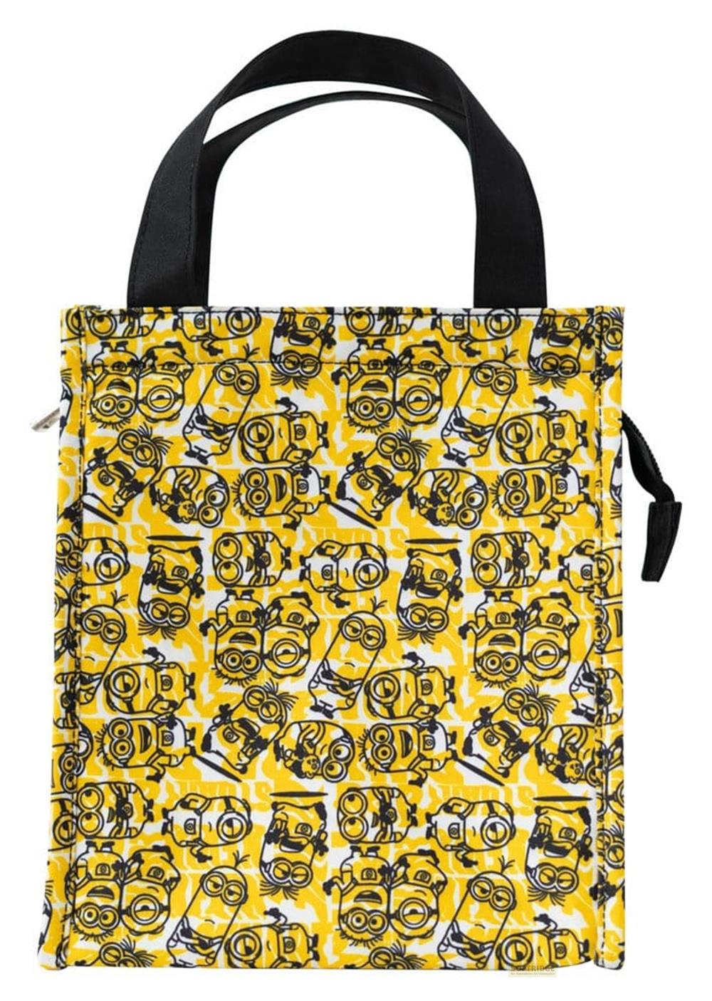 Gelbe und weiße Lunchtasche mit Minions-Muster und schwarzen Griffen.